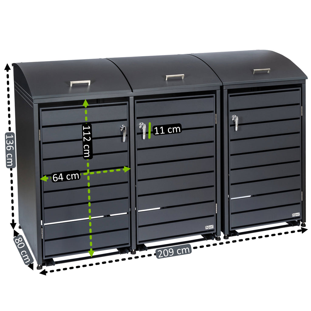 Boîte de rangement pour poubelles, lot de 3, anthracite RAL 7016, avec couvercle arrondi