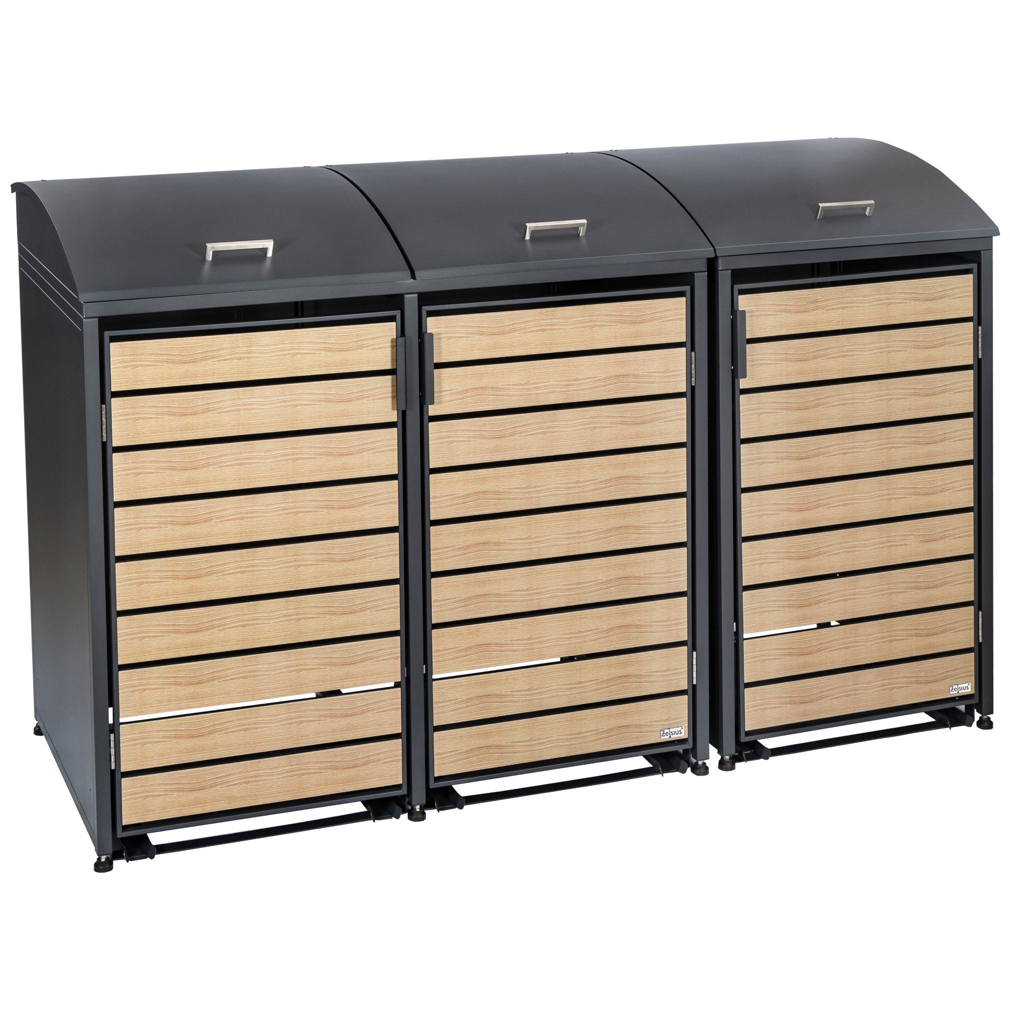 Bin storage unit, set of 3, anthracite RAL 7016, door with wood look, including rounded lid