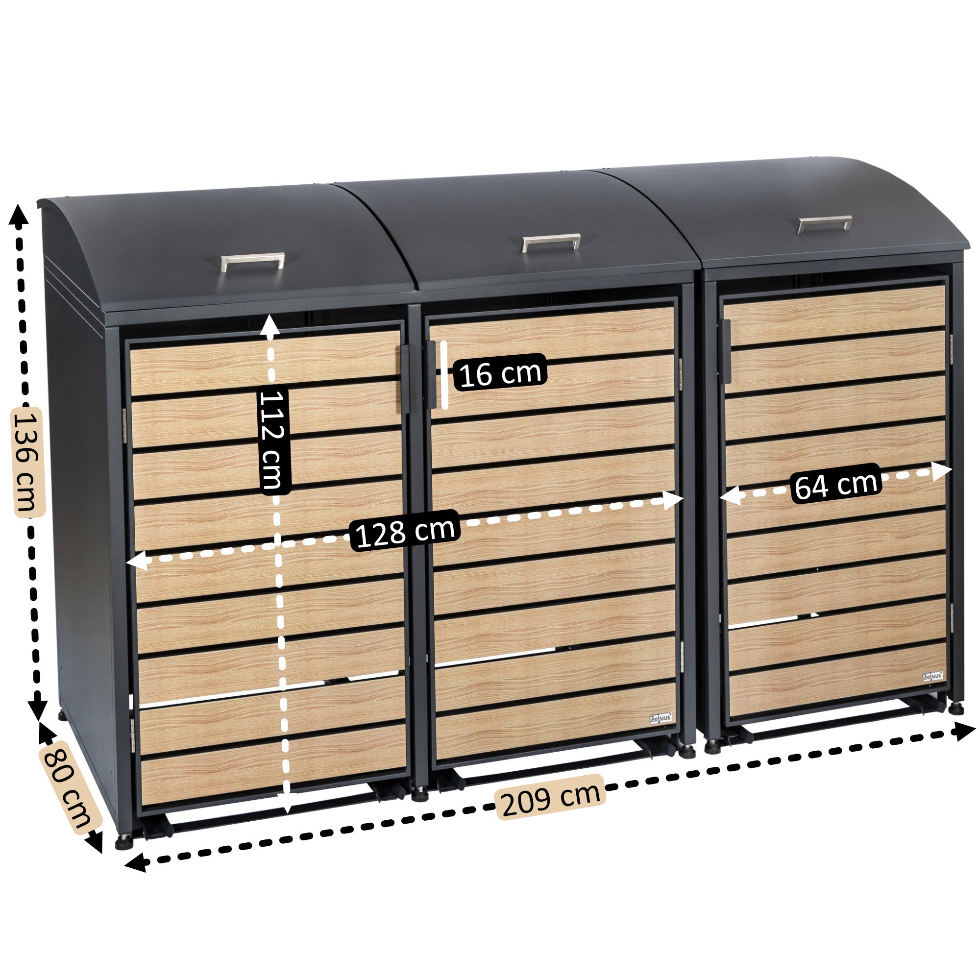 Bin storage unit, set of 3, anthracite RAL 7016, door with wood look, including rounded lid