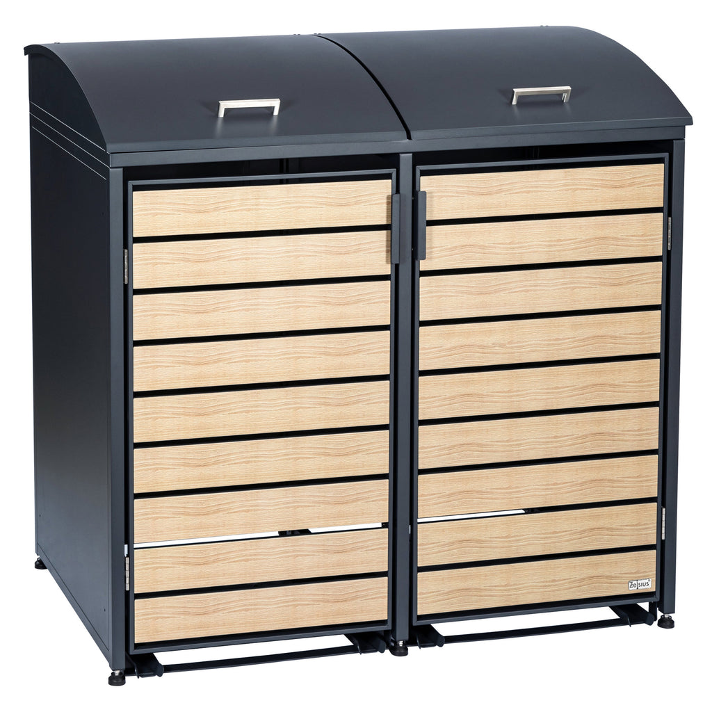 Bin storage unit, set of 2, anthracite RAL 7016, door with wood look, including rounded lid