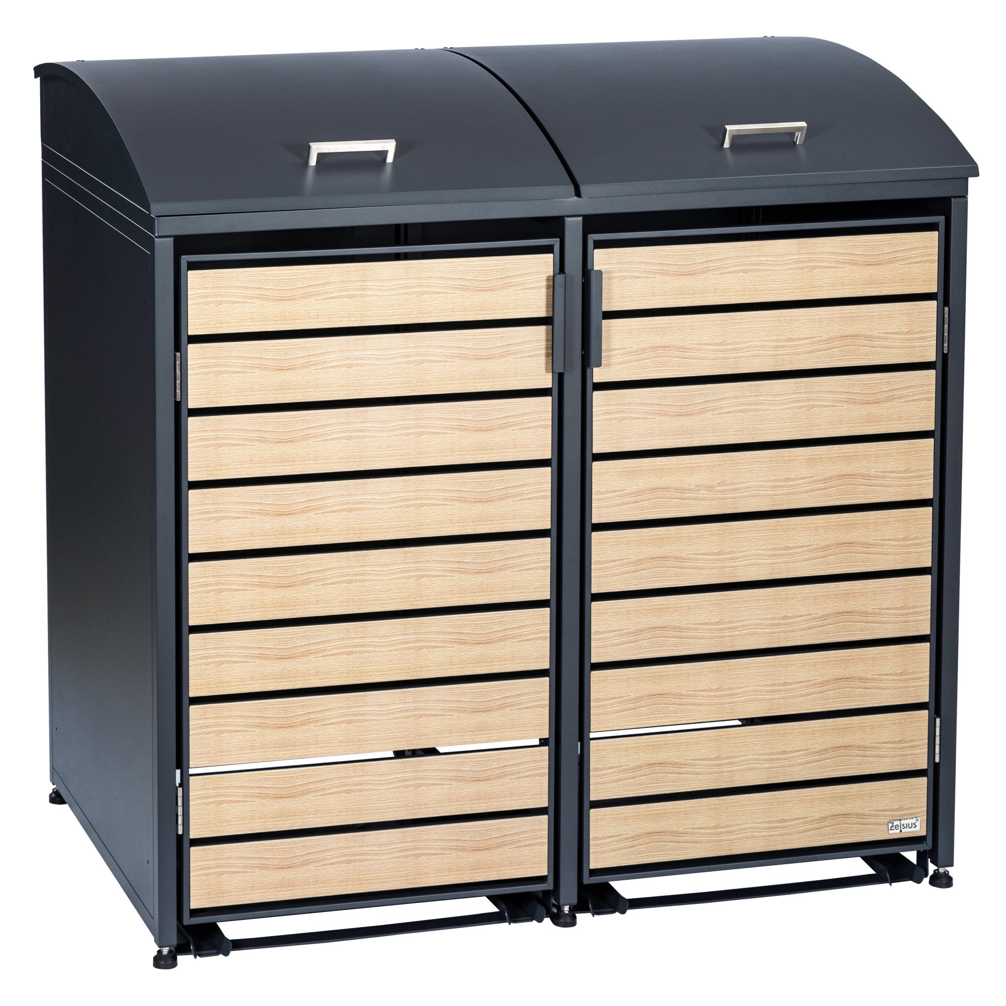 Bin storage unit, set of 2, anthracite RAL 7016, door with wood look, including rounded lid