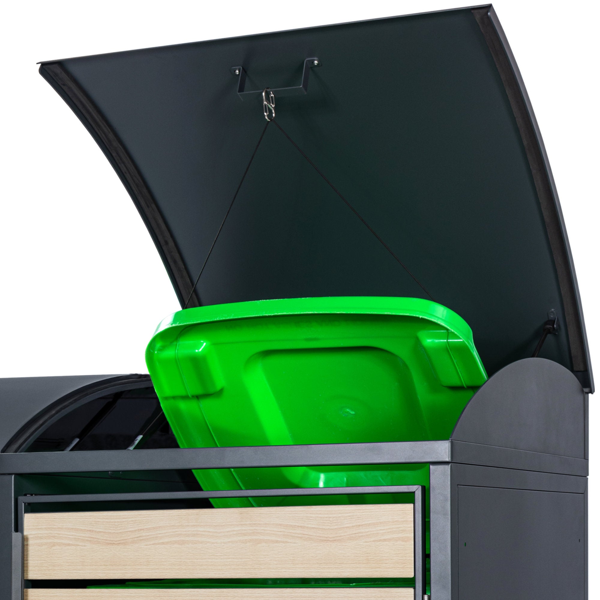 Bin storage unit, set of 4, anthracite RAL 7016, door with wood look, including rounded lid