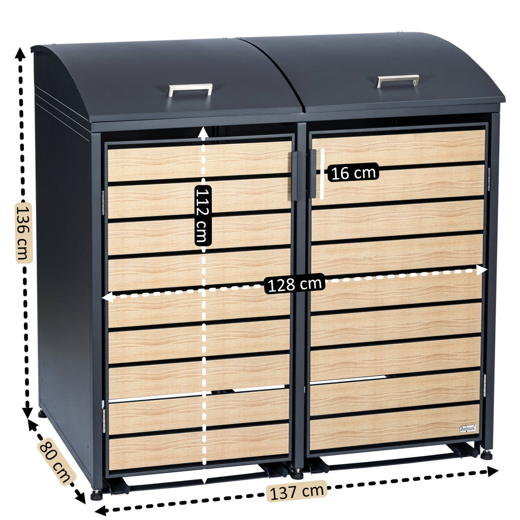 Bin storage unit, set of 2, anthracite RAL 7016, door with wood look, including rounded lid