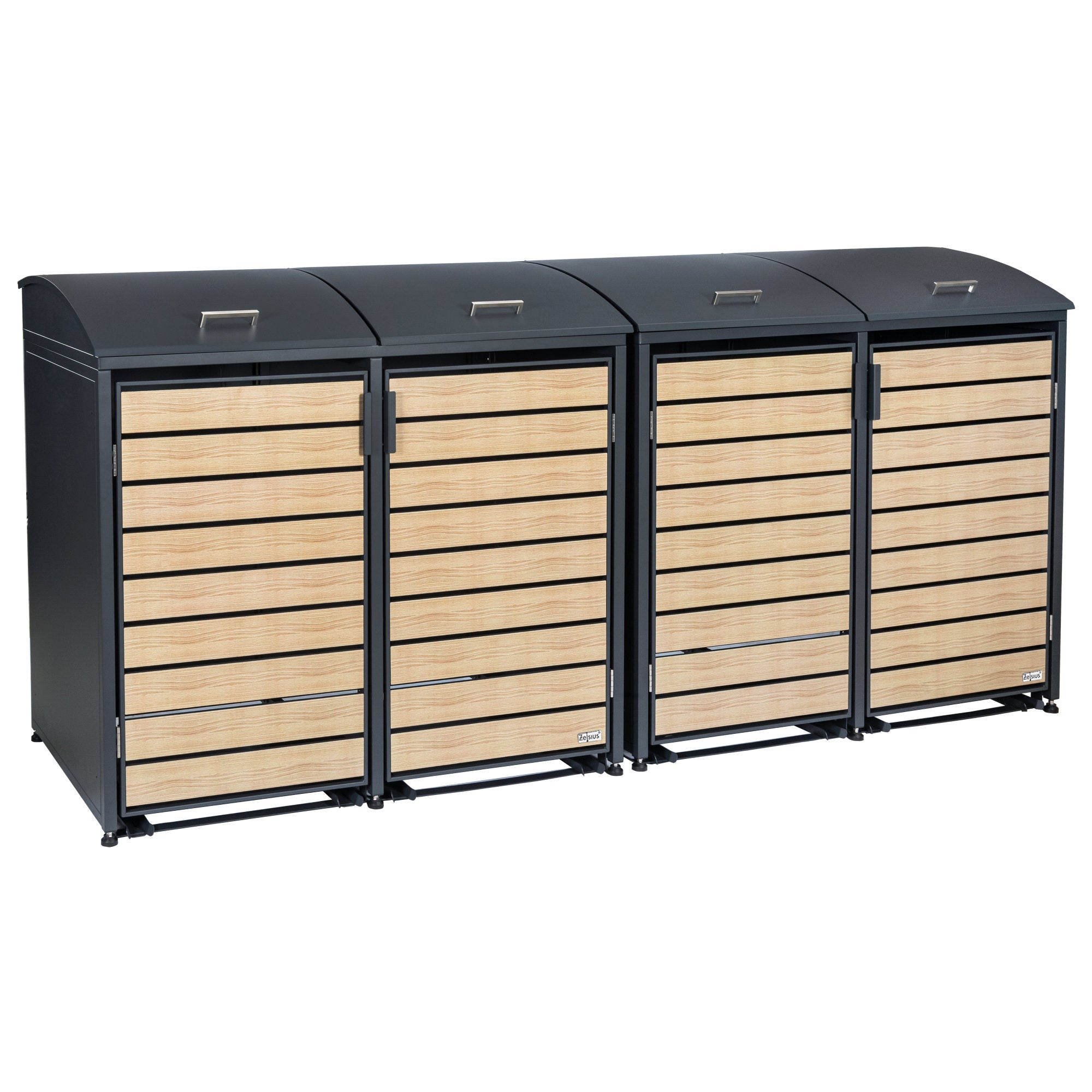 Bin storage unit, set of 4, anthracite RAL 7016, door with wood look, including rounded lid
