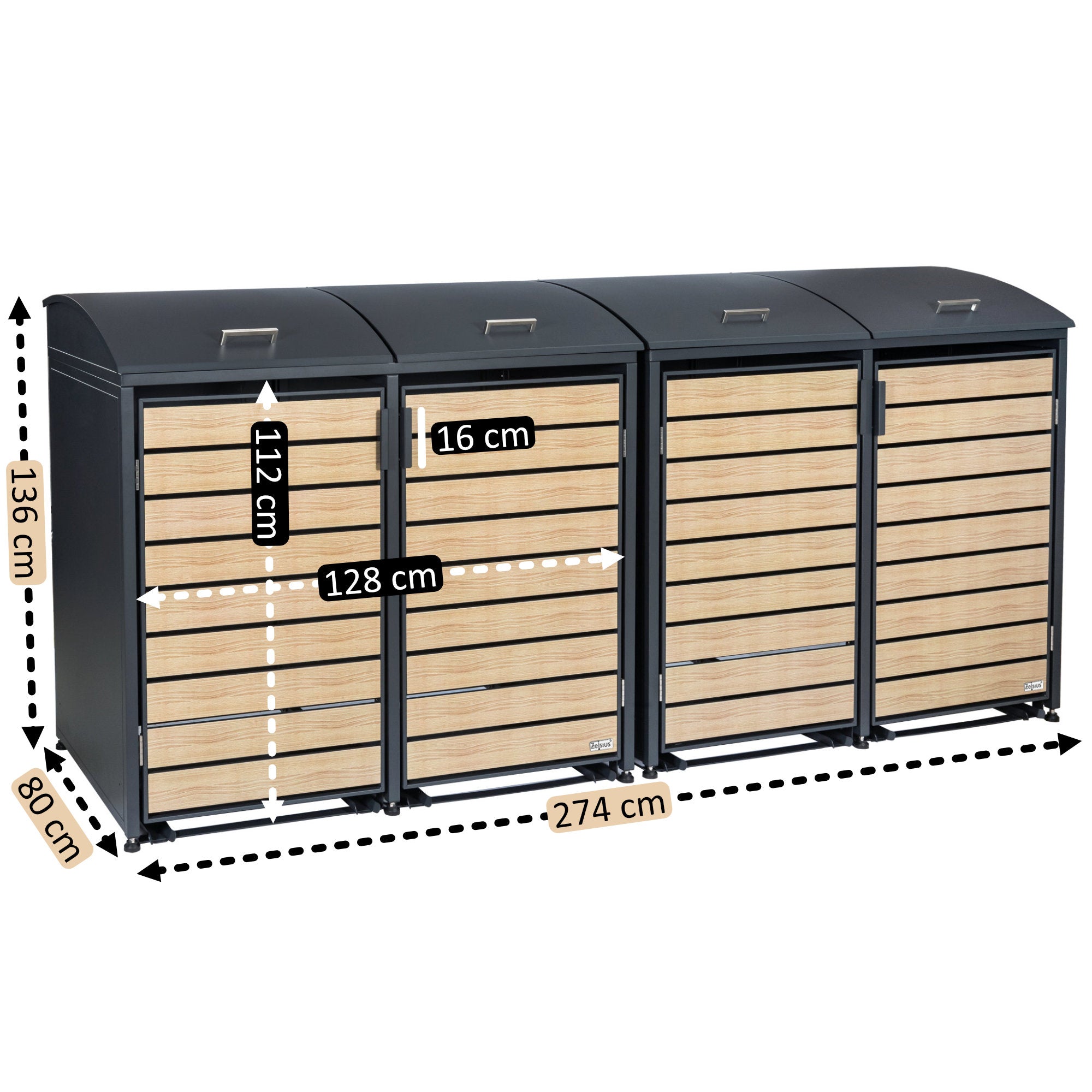 Bin storage unit, set of 4, anthracite RAL 7016, door with wood look, including rounded lid