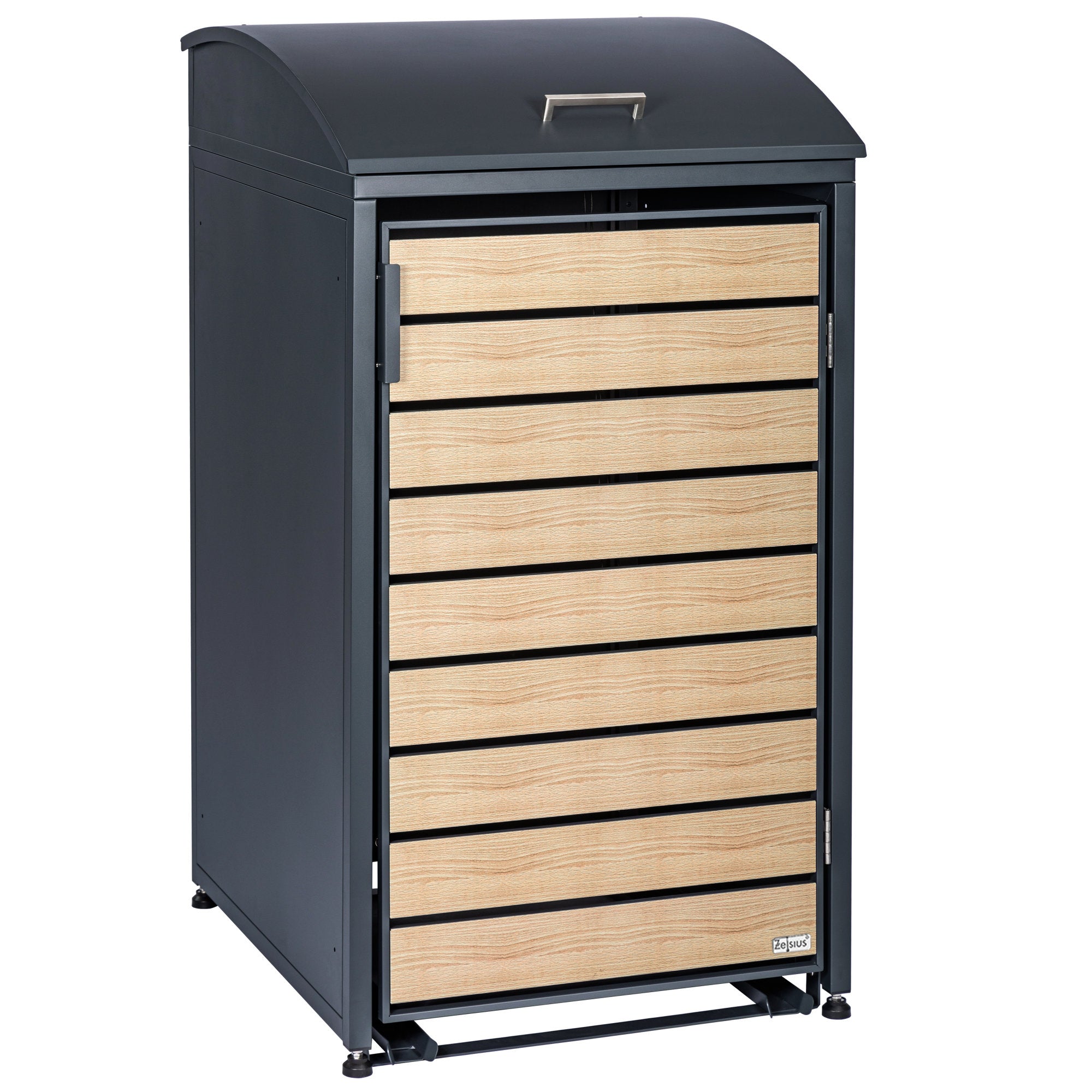 Bin storage box, anthracite RAL 7016, door in wood look, including rounded lid