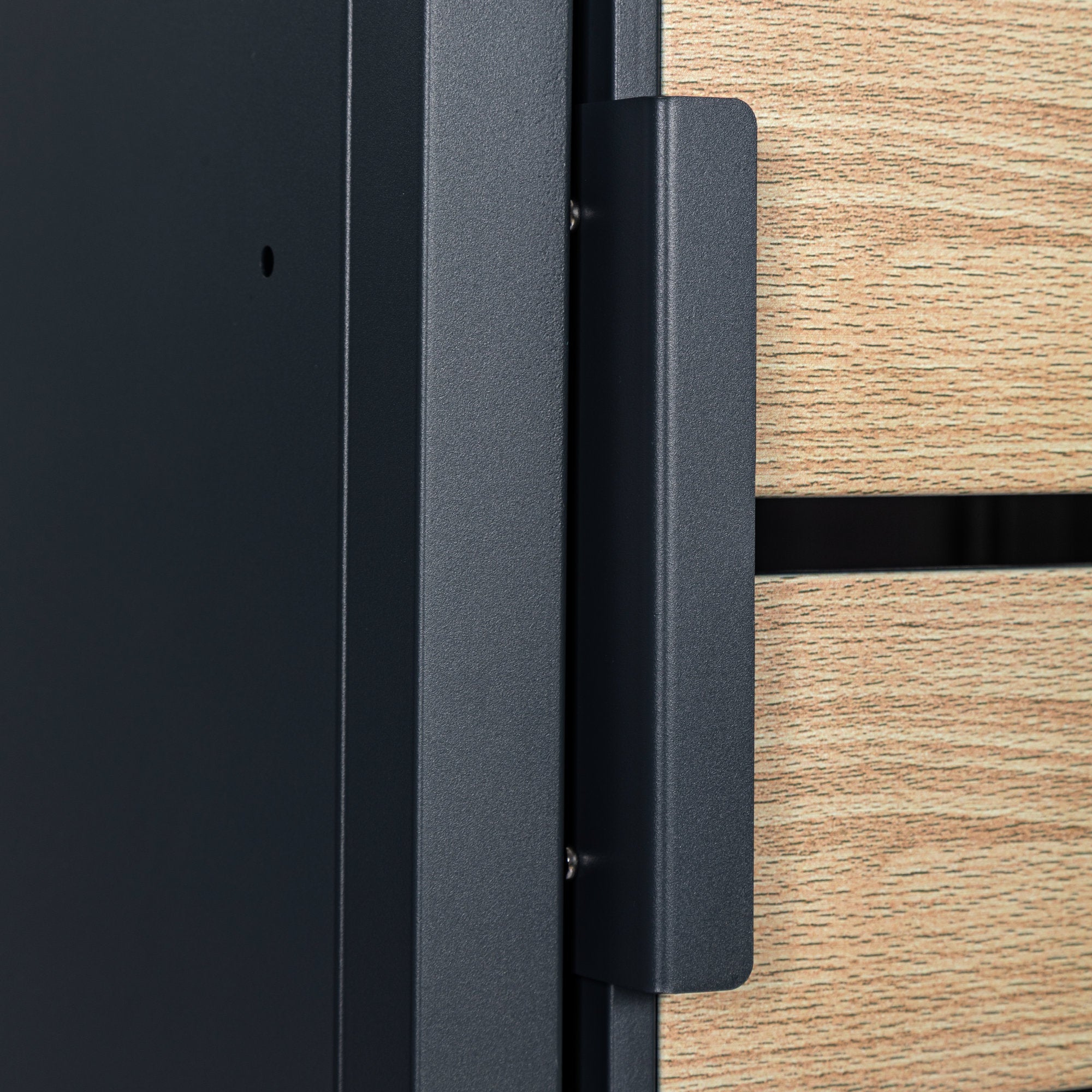 Bin storage box, anthracite RAL 7016, door in wood look, including rounded lid