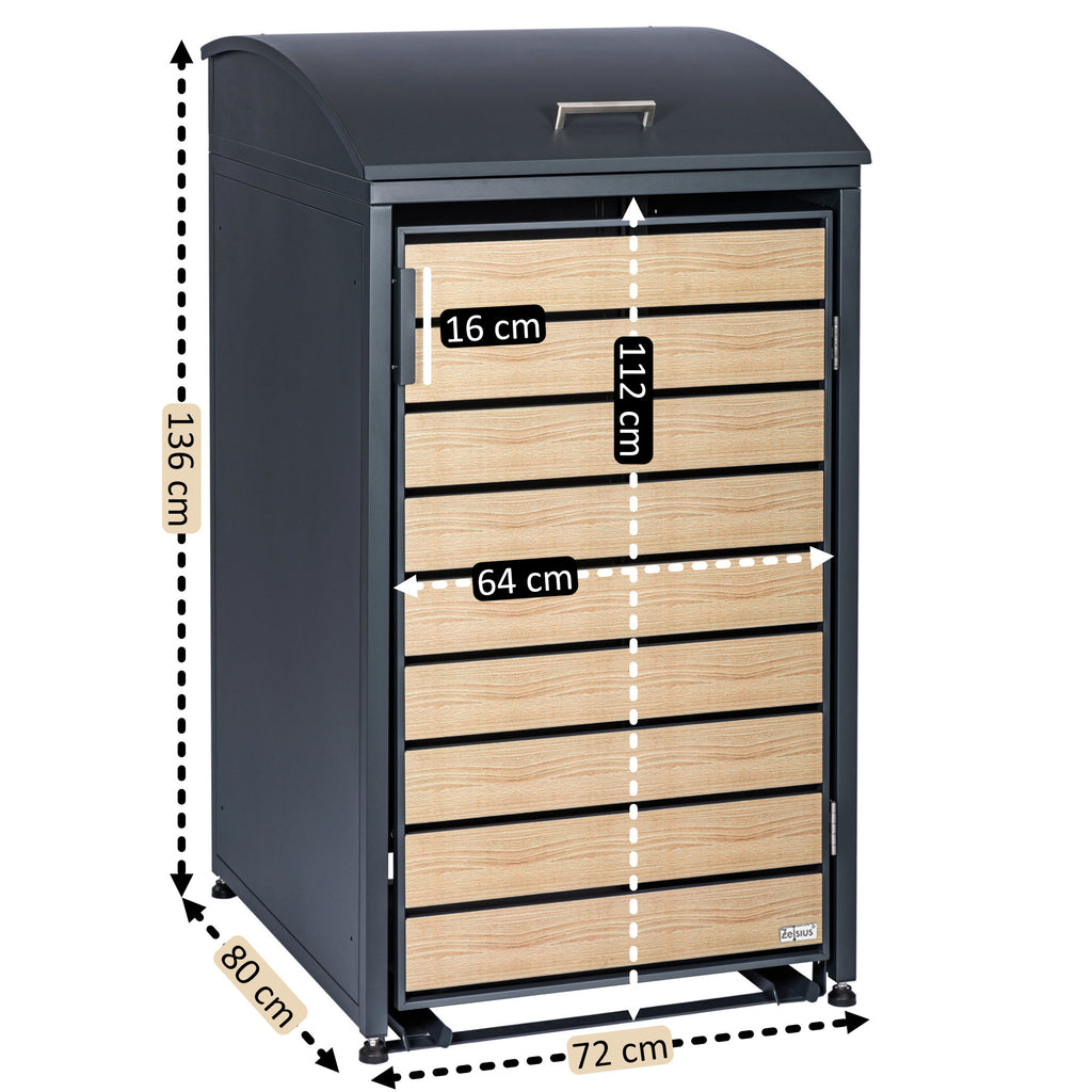Bin storage box, anthracite RAL 7016, door in wood look, including rounded lid