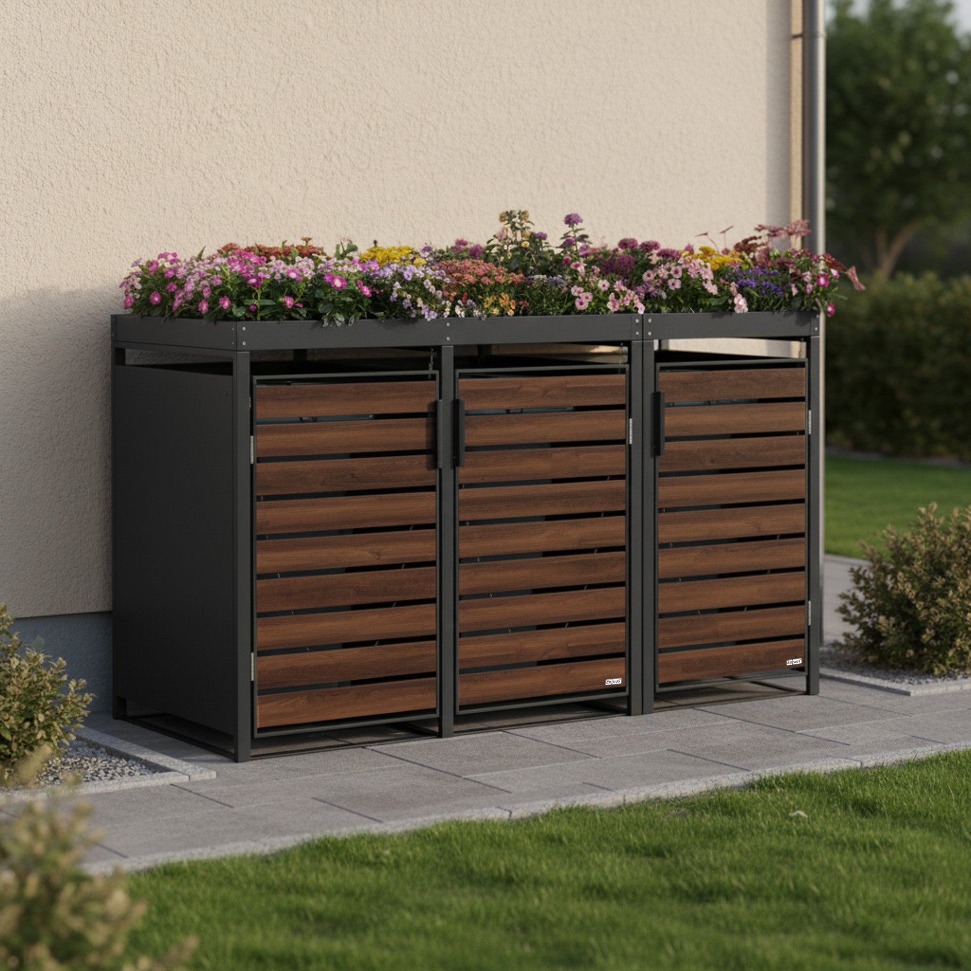 Bin storage unit, set of 3, anthracite RAL 7016, door in wood look, incl. green roof