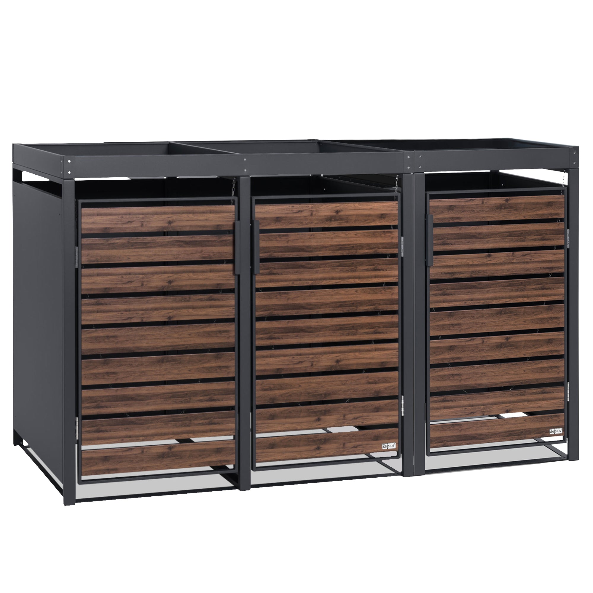 Bin storage unit, set of 3, anthracite RAL 7016, door in wood look, incl. green roof