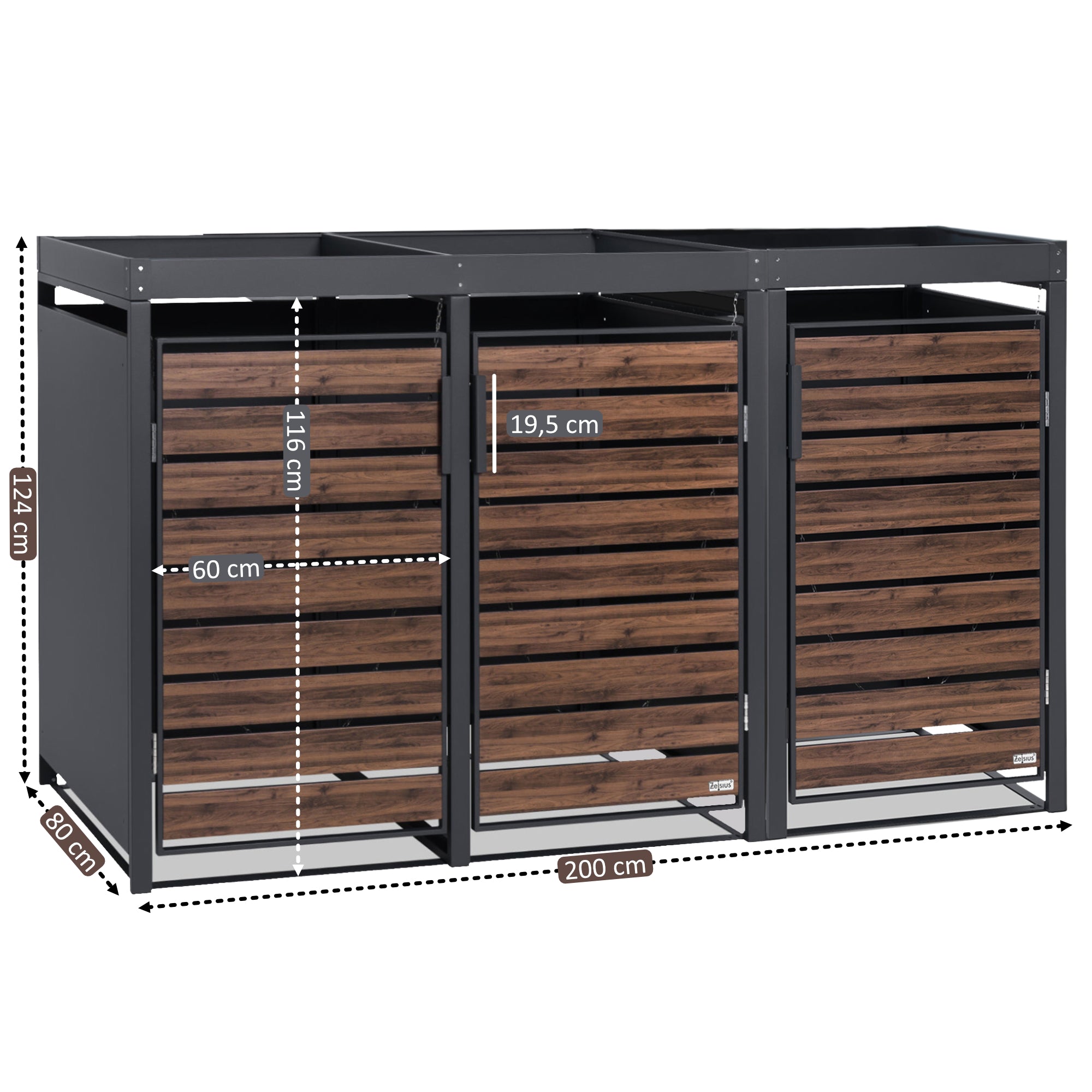 Bin storage unit, set of 3, anthracite RAL 7016, door in wood look, incl. green roof