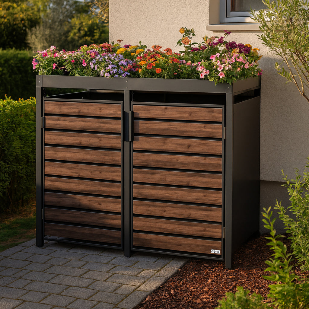 Mülltonnenbox, 2er Set, Anthrazit RAL 7016, Tür in Holzoptik, inkl. Pflanzdach