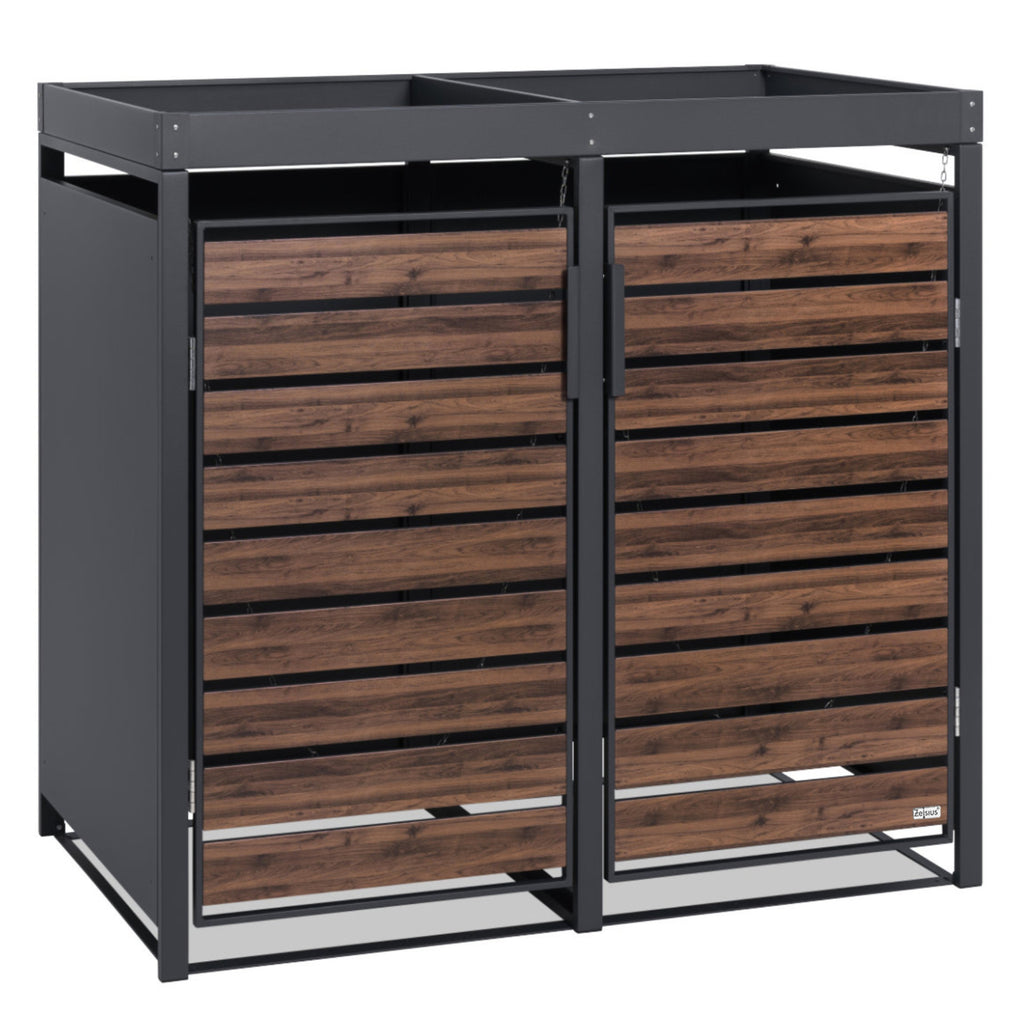 Mülltonnenbox, 2er Set, Anthrazit RAL 7016, Tür in Holzoptik, inkl. Pflanzdach