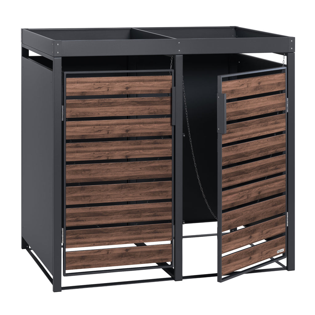 Mülltonnenbox, 2er Set, Anthrazit RAL 7016, Tür in Holzoptik, inkl. Pflanzdach