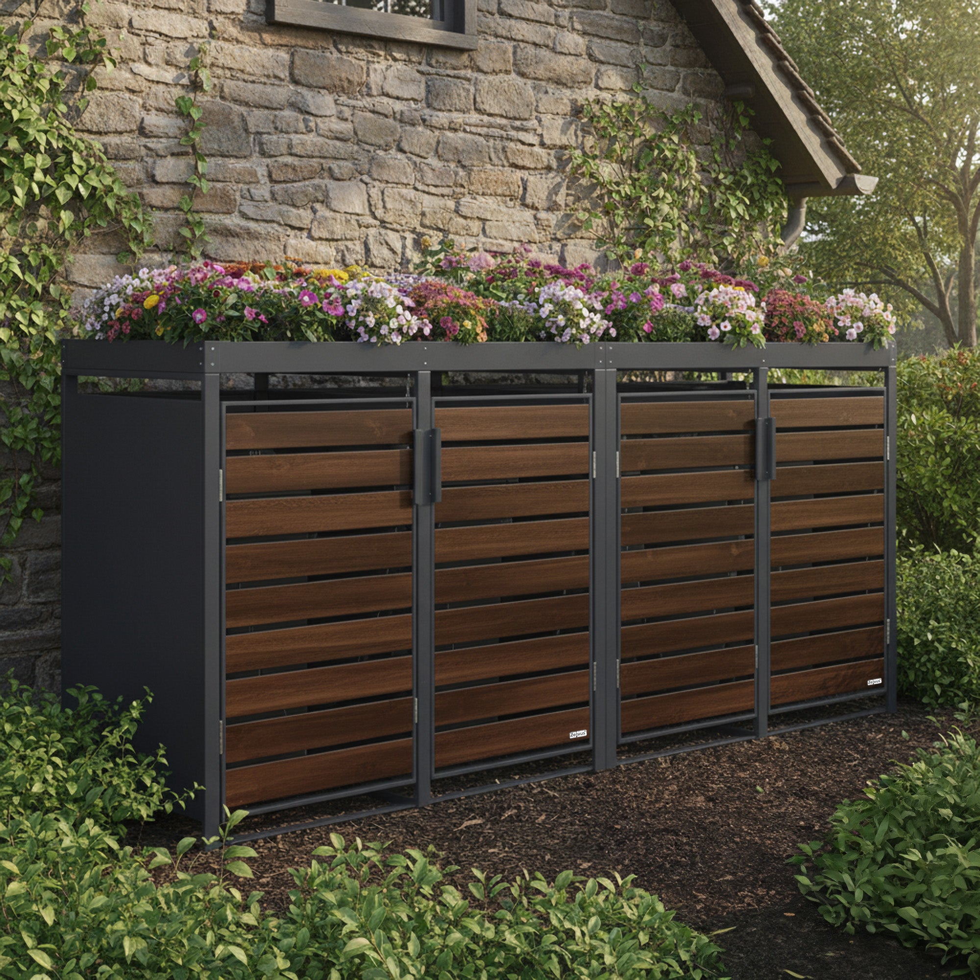 Bin storage unit, set of 4, anthracite RAL 7016, door in wood look, incl. green roof
