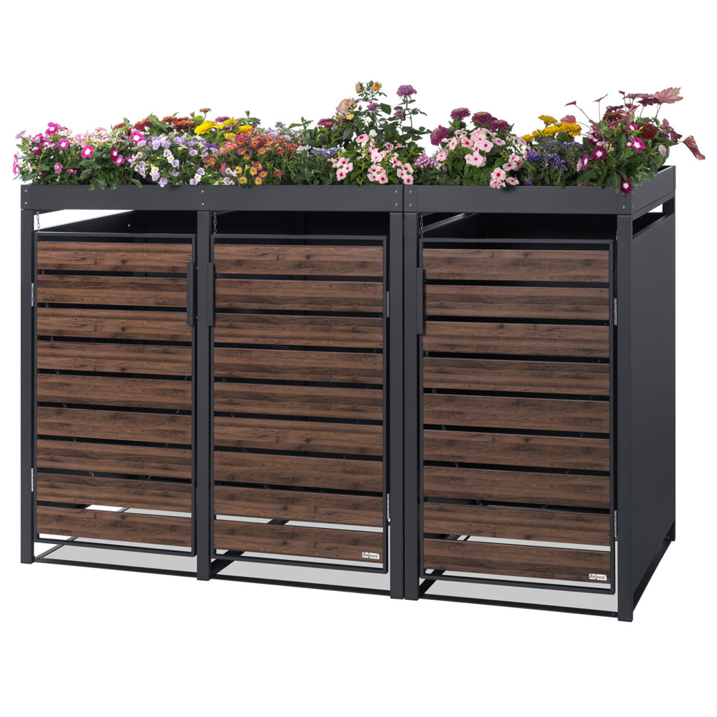 Mülltonnenbox, 3er Set, Anthrazit RAL 7016, Tür in Holzoptik, inkl. Pflanzdach