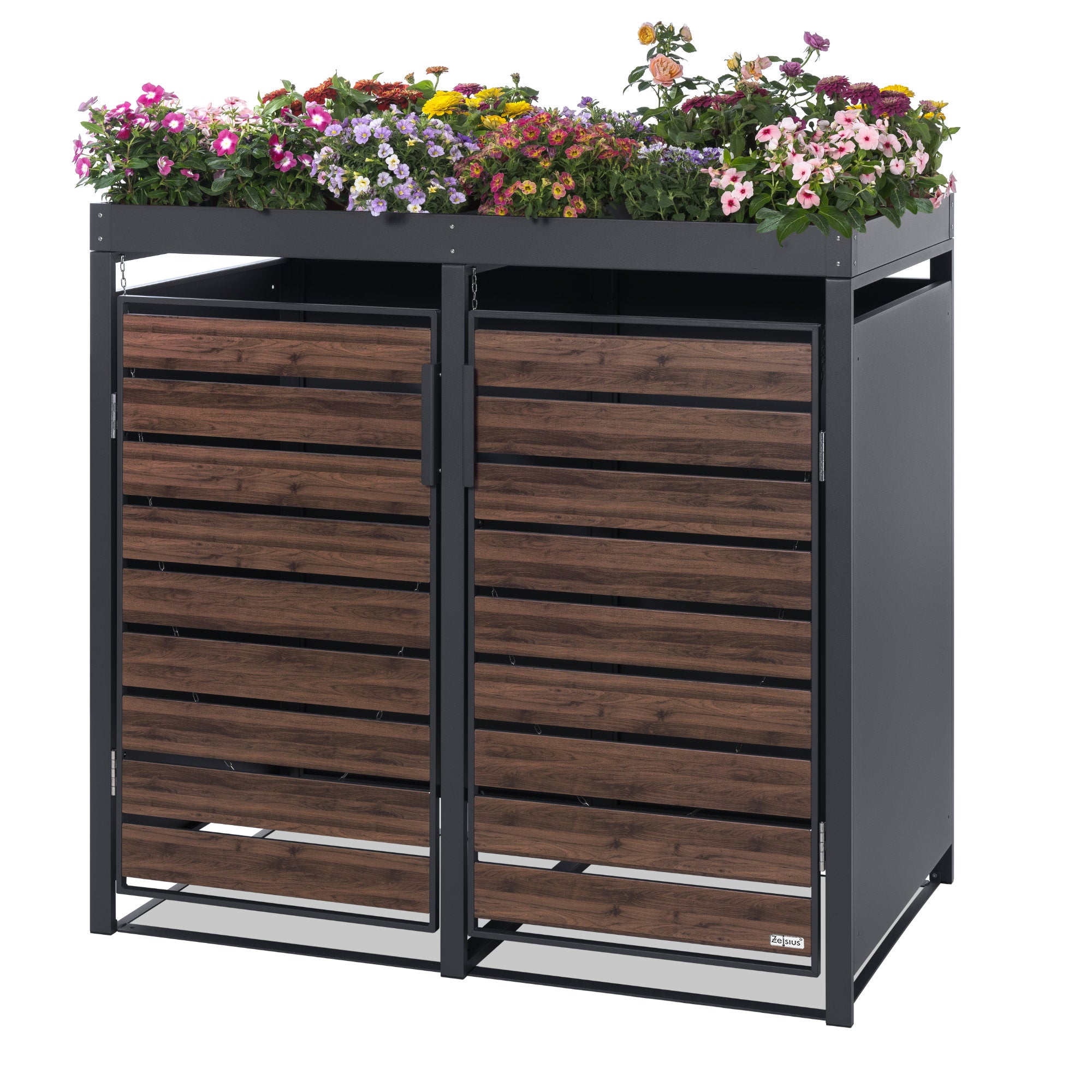 Bin storage unit, set of 2, anthracite RAL 7016, door in wood look, incl. green roof