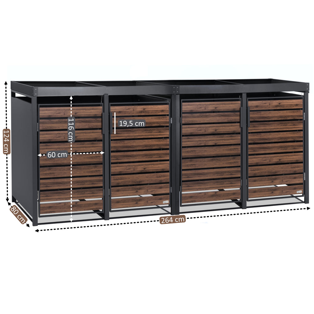Bin storage unit, set of 4, anthracite RAL 7016, door in wood look, incl. green roof