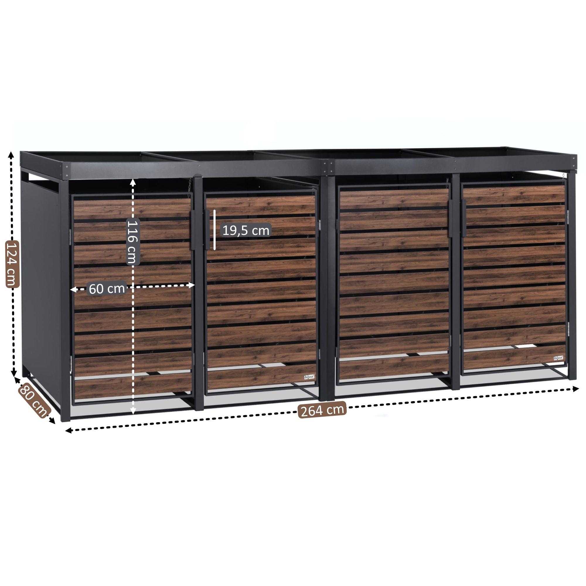 Bin storage unit, set of 4, anthracite RAL 7016, door in wood look, incl. green roof