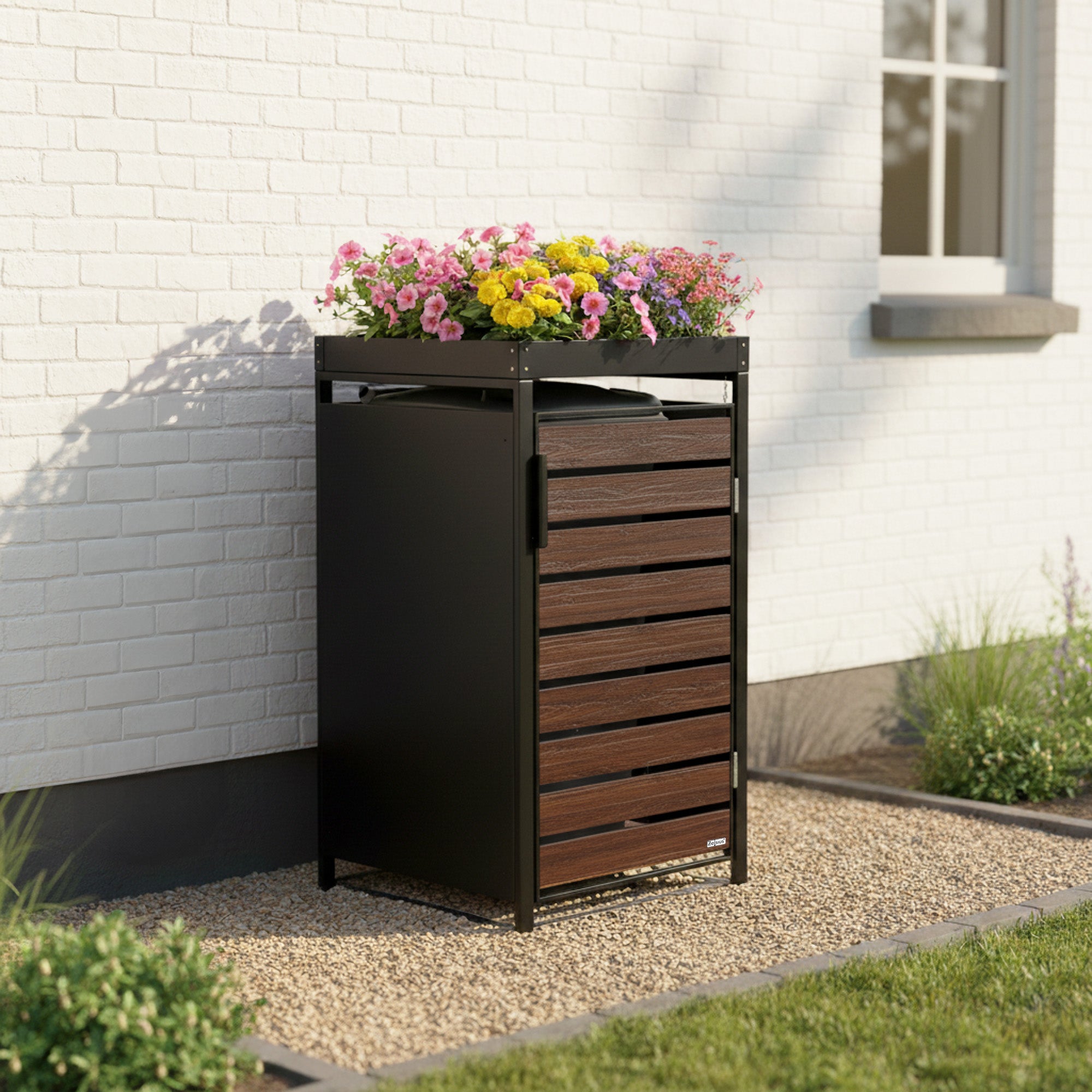 Bin storage box, anthracite RAL 7016, door in wood look, incl. green roof