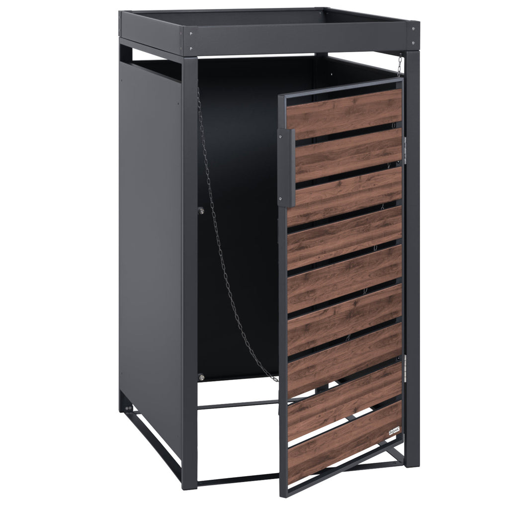 Mülltonnenbox, Anthrazit RAL 7016, Tür in Holzoptik, inkl. Pflanzdach