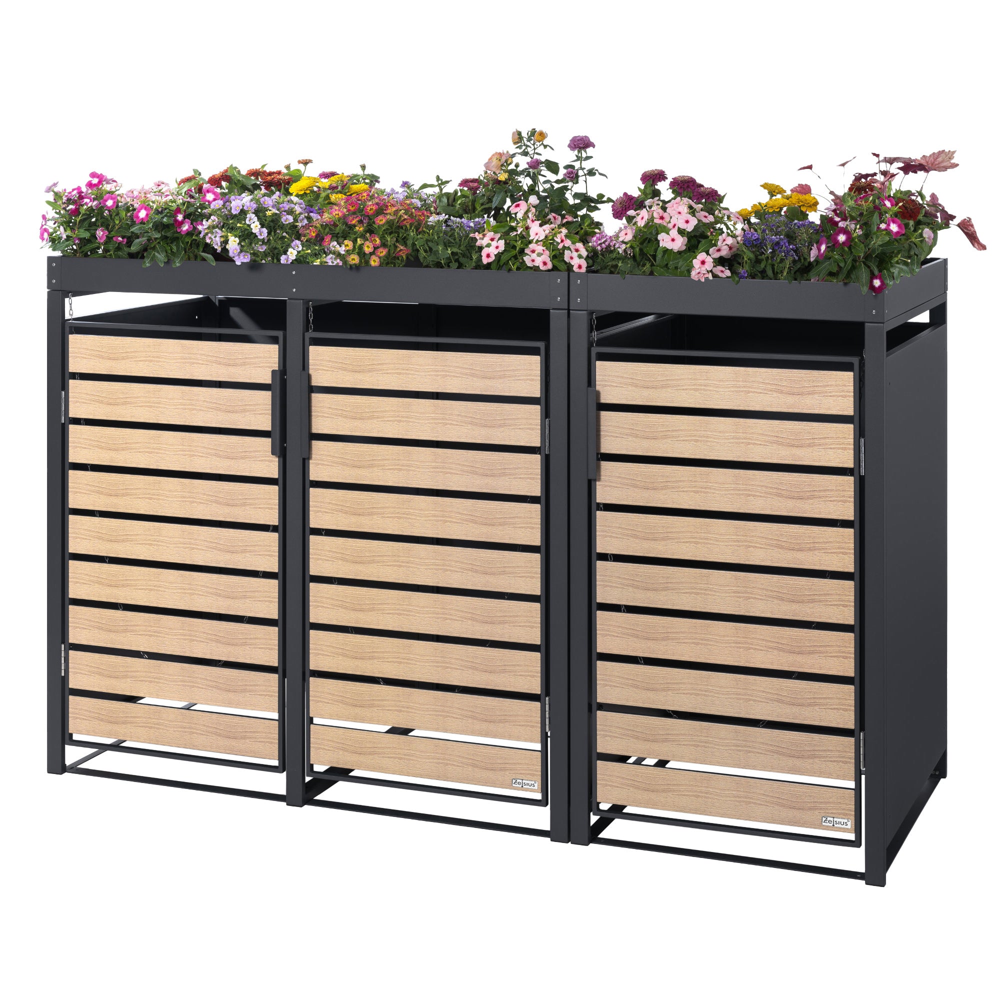 Mülltonnenbox, 3er Set, Anthrazit RAL 7016, Tür in Holzoptik, inkl. Pflanzdach