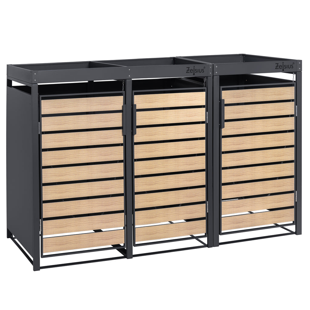 Ensemble de 3 abris à poubelles, anthracite RAL 7016, porte imitation bois, toit végétalisé inclus