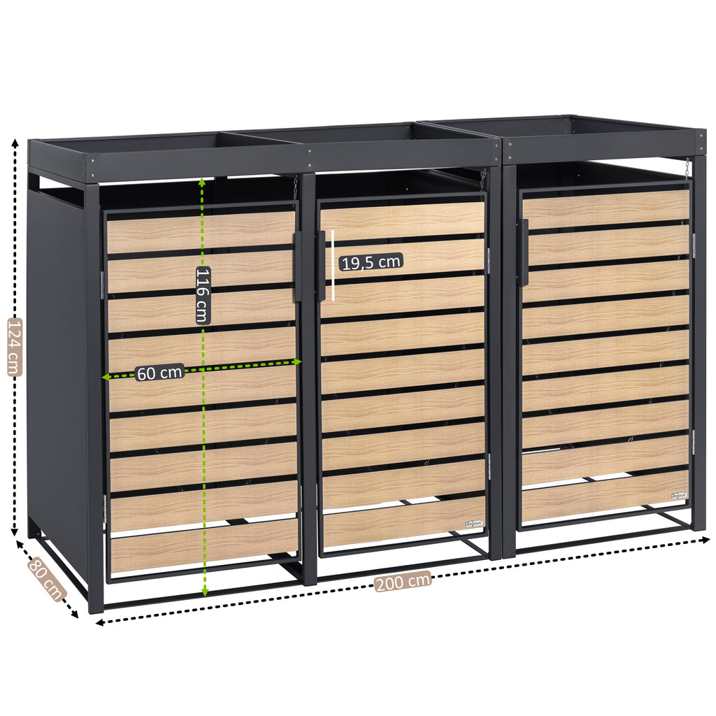 Mülltonnenbox, 3er Set, Anthrazit RAL 7016, Tür in Holzoptik, inkl. Pflanzdach