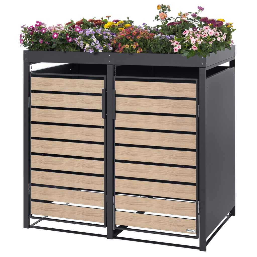 Mülltonnenbox, 3er Set, Anthrazit RAL 7016, Tür in Holzoptik, inkl. Pflanzdach