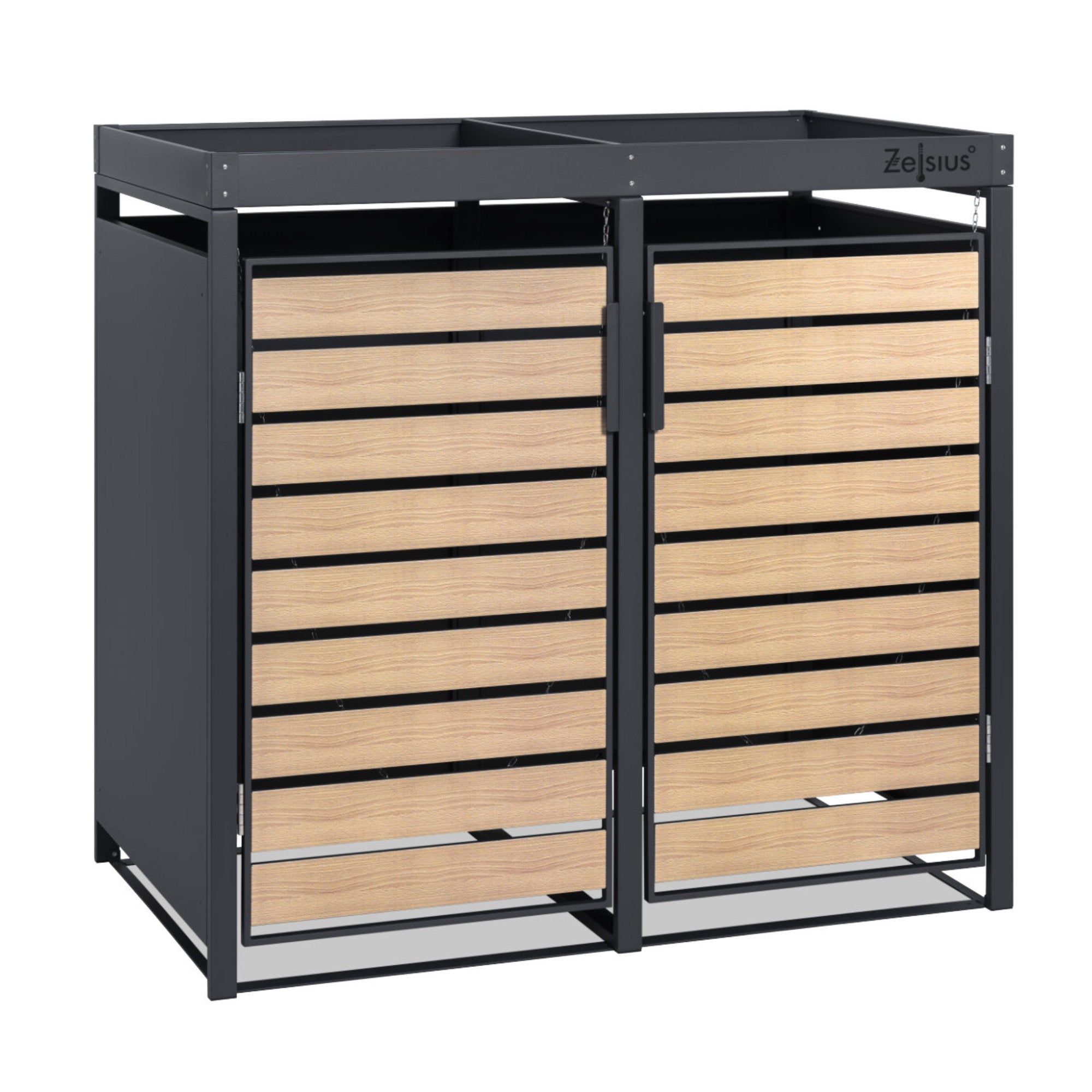Bin storage unit, set of 2, anthracite RAL 7016, door in wood look, incl. green roof