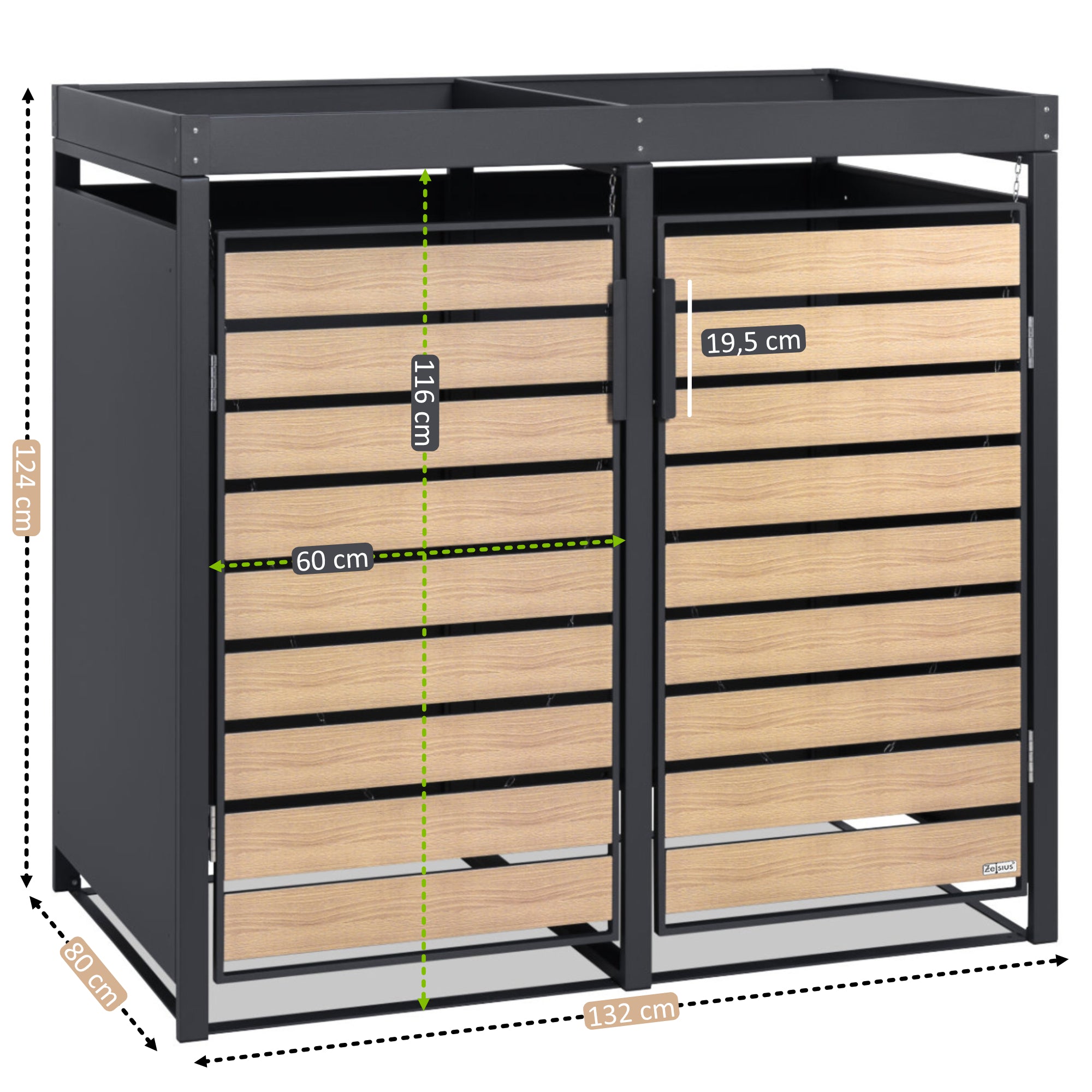 Mülltonnenbox, 2er Set, Anthrazit RAL 7016, Tür in Holzoptik, inkl. Pflanzdach