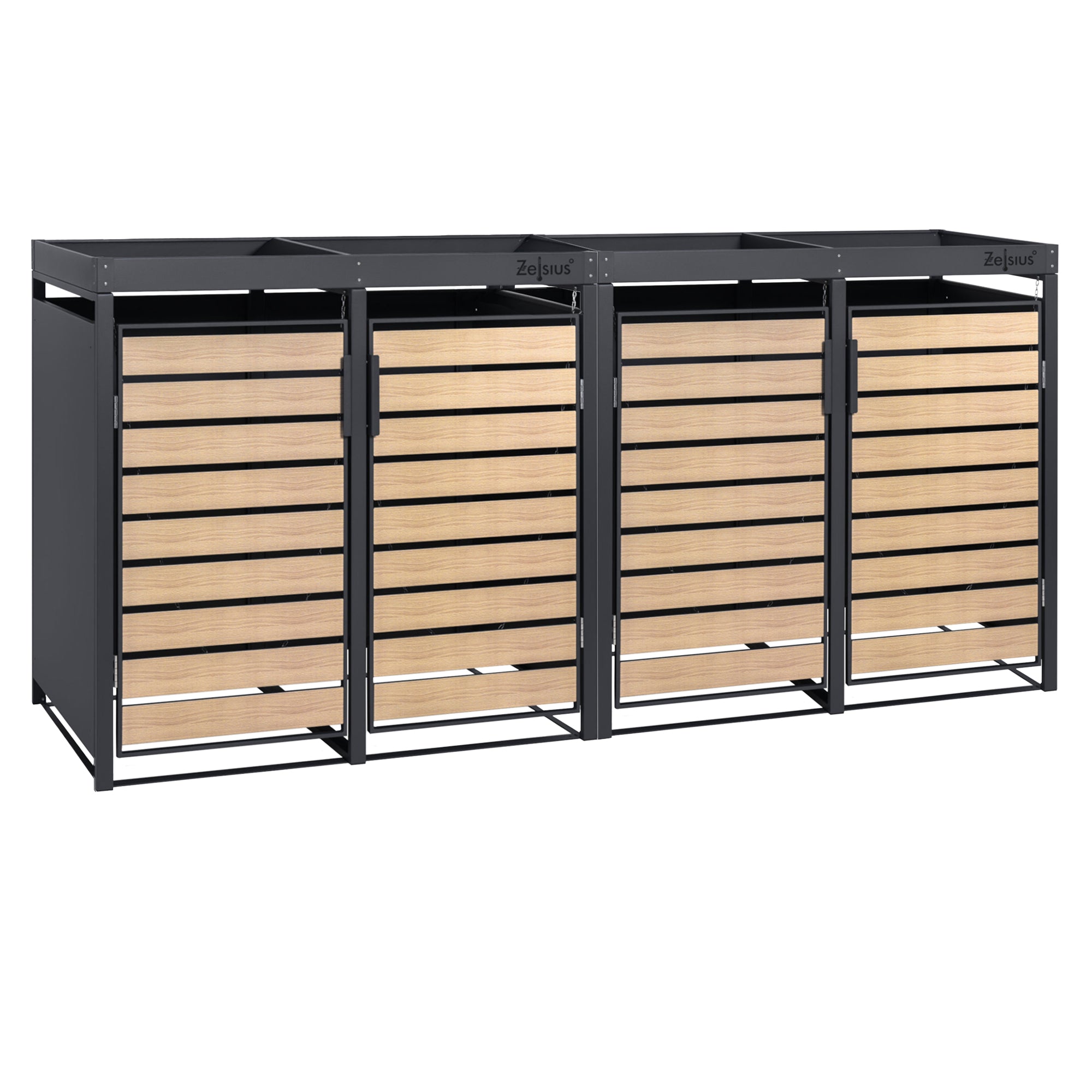 Bin storage unit, set of 4, anthracite RAL 7016, door in wood look, incl. green roof