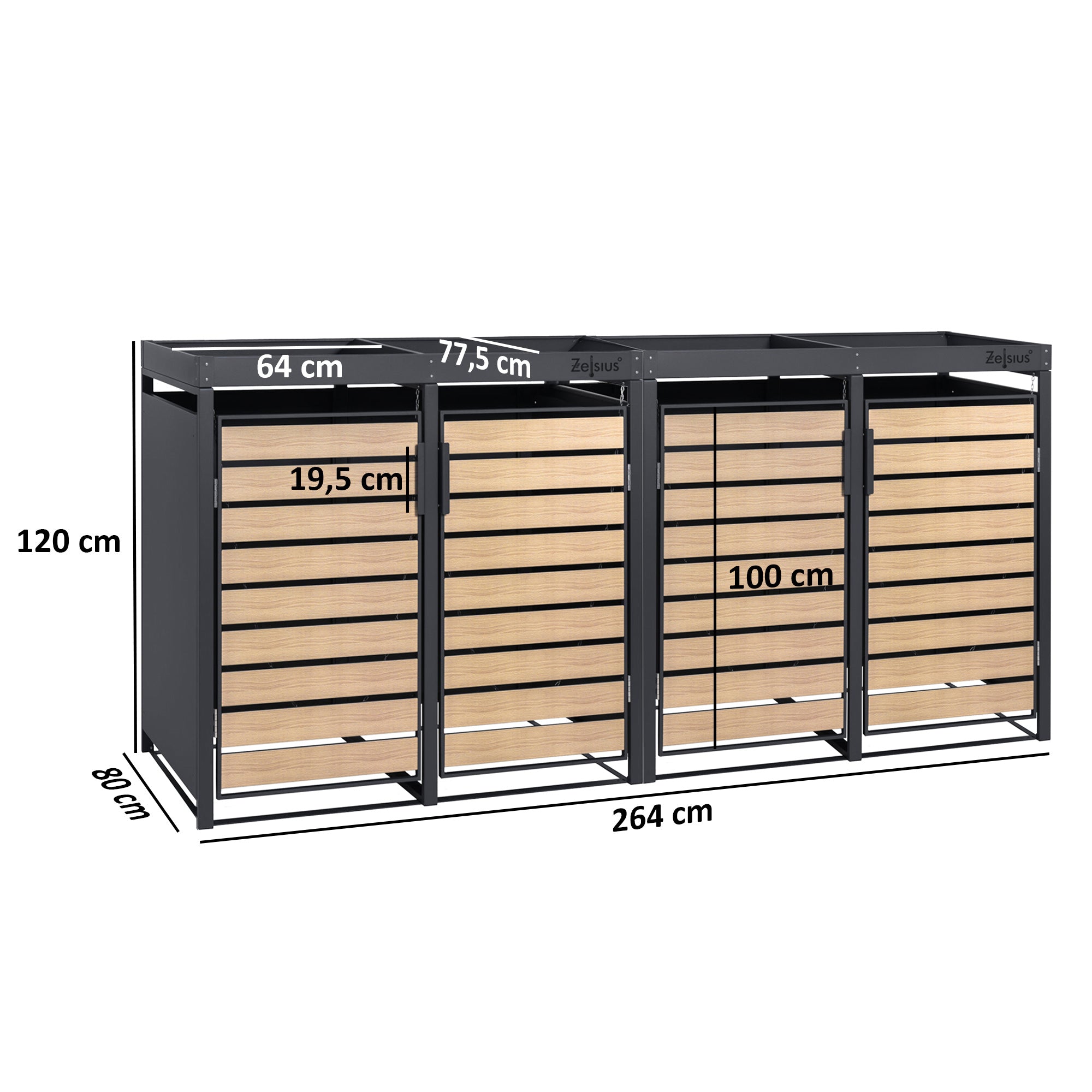 Bin storage unit, set of 4, anthracite RAL 7016, door in wood look, incl. green roof