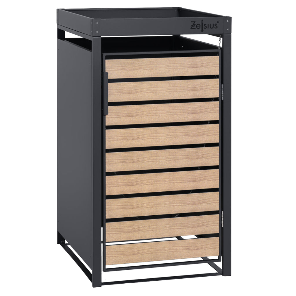Bin storage box, anthracite RAL 7016, door in wood look, incl. green roof