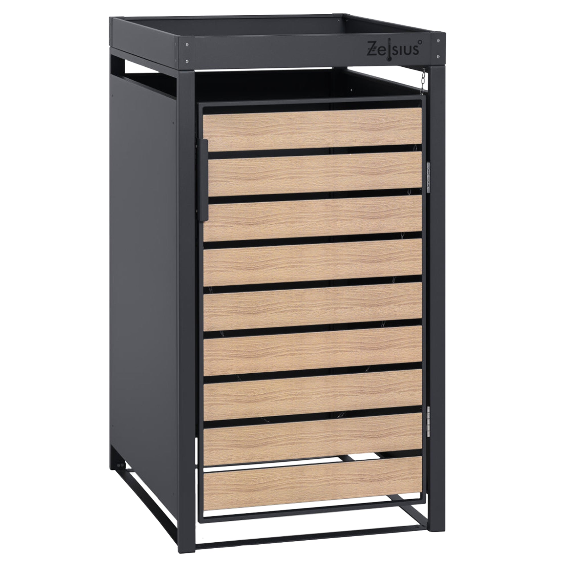 Bin storage box, anthracite RAL 7016, door in wood look, incl. green roof