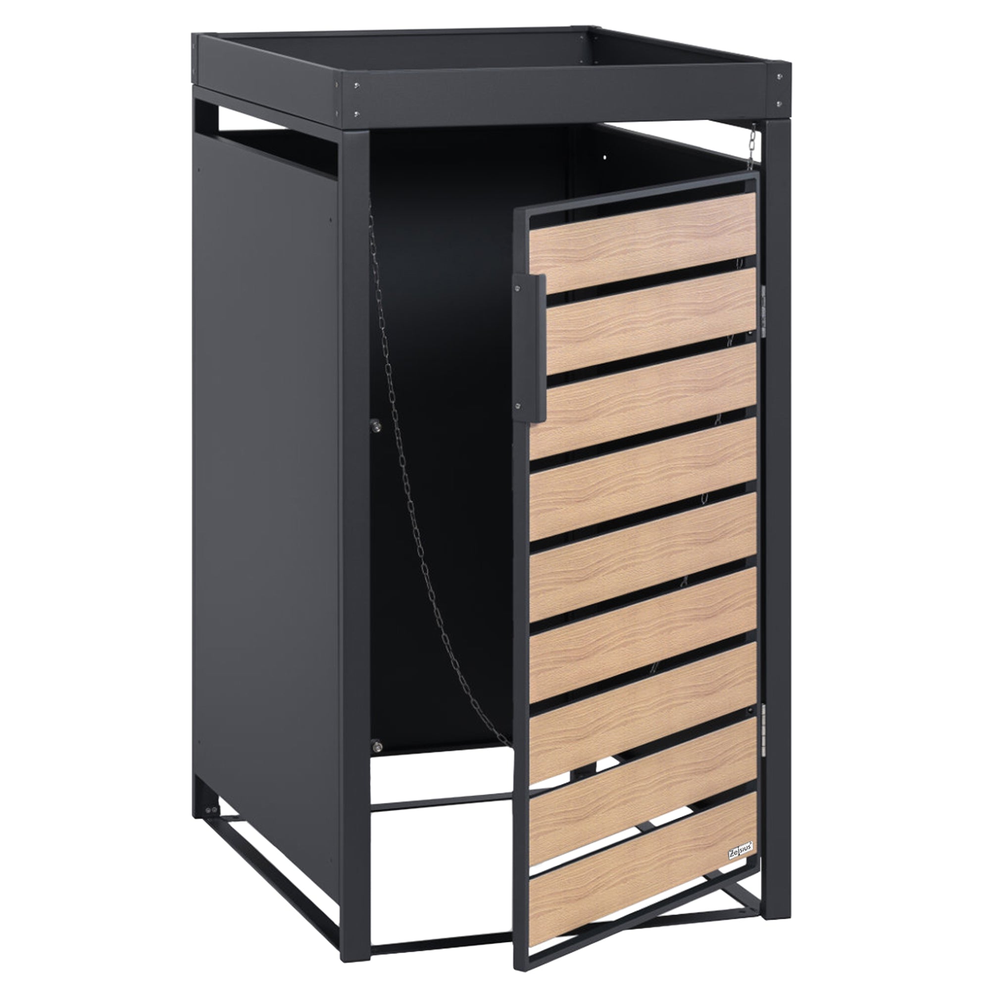 Mülltonnenbox, Anthrazit RAL 7016, Tür in Holzoptik, inkl. Pflanzdach