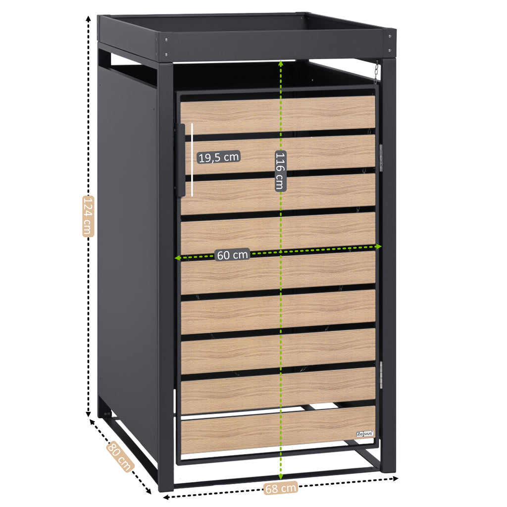 Mülltonnenbox, Anthrazit RAL 7016, Tür in Holzoptik, inkl. Pflanzdach