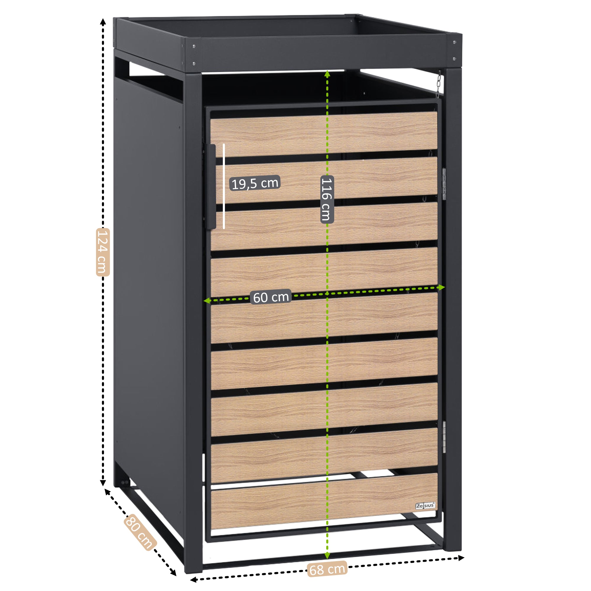 Mülltonnenbox, Anthrazit RAL 7016, Tür in Holzoptik, inkl. Pflanzdach