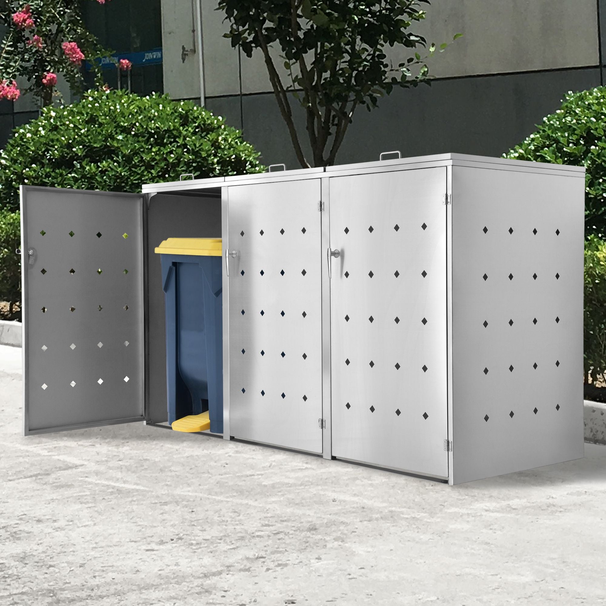 Ensemble de 3 bacs de rangement « losange », en acier inoxydable, avec couvercles à charnières.