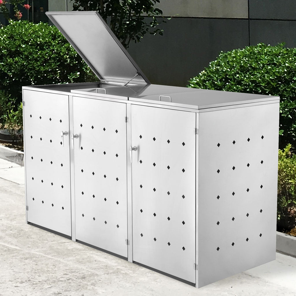 Ensemble de 3 bacs de rangement « losange », en acier inoxydable, avec couvercles à charnières.