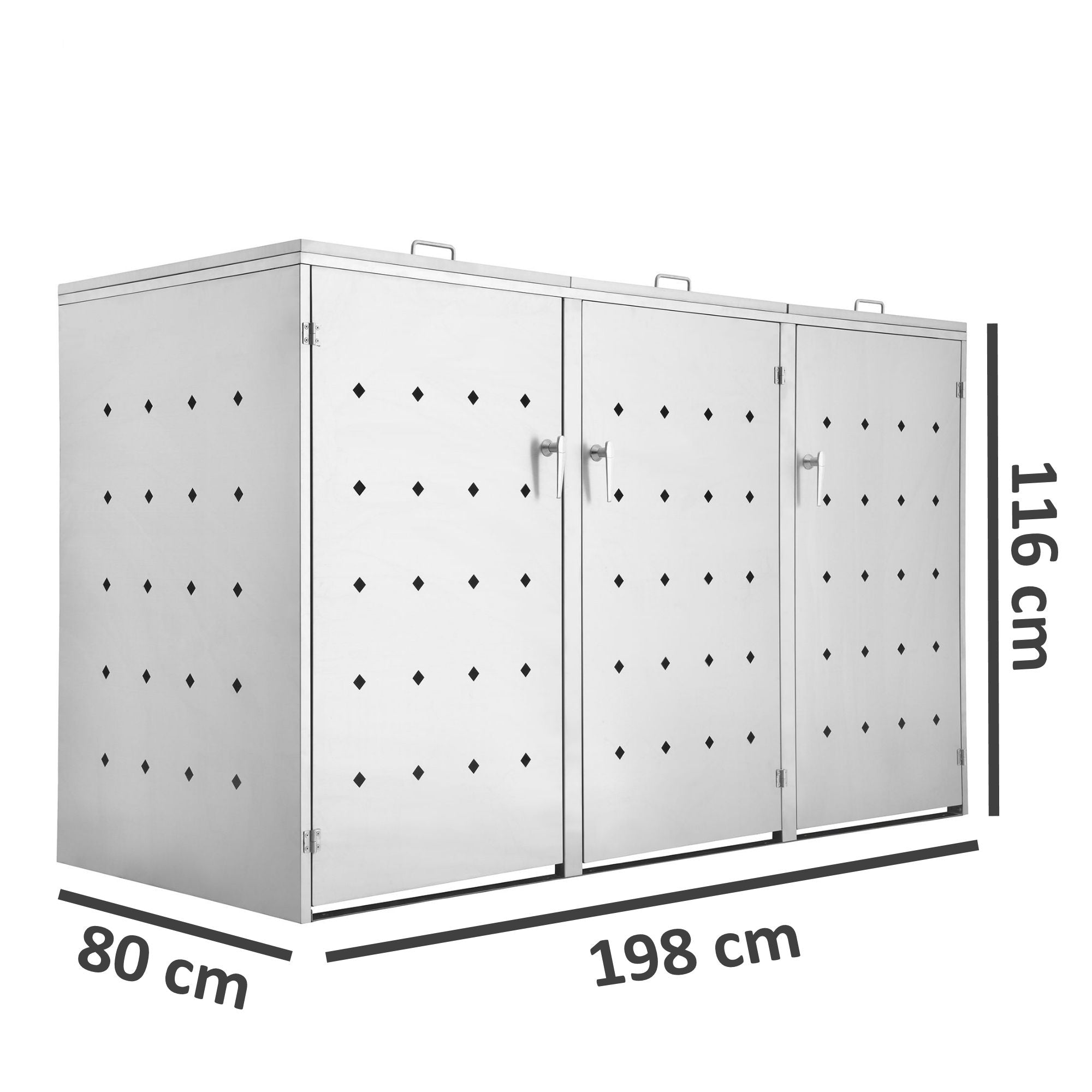 Ensemble de 3 bacs de rangement « losange », en acier inoxydable, avec couvercles à charnières.