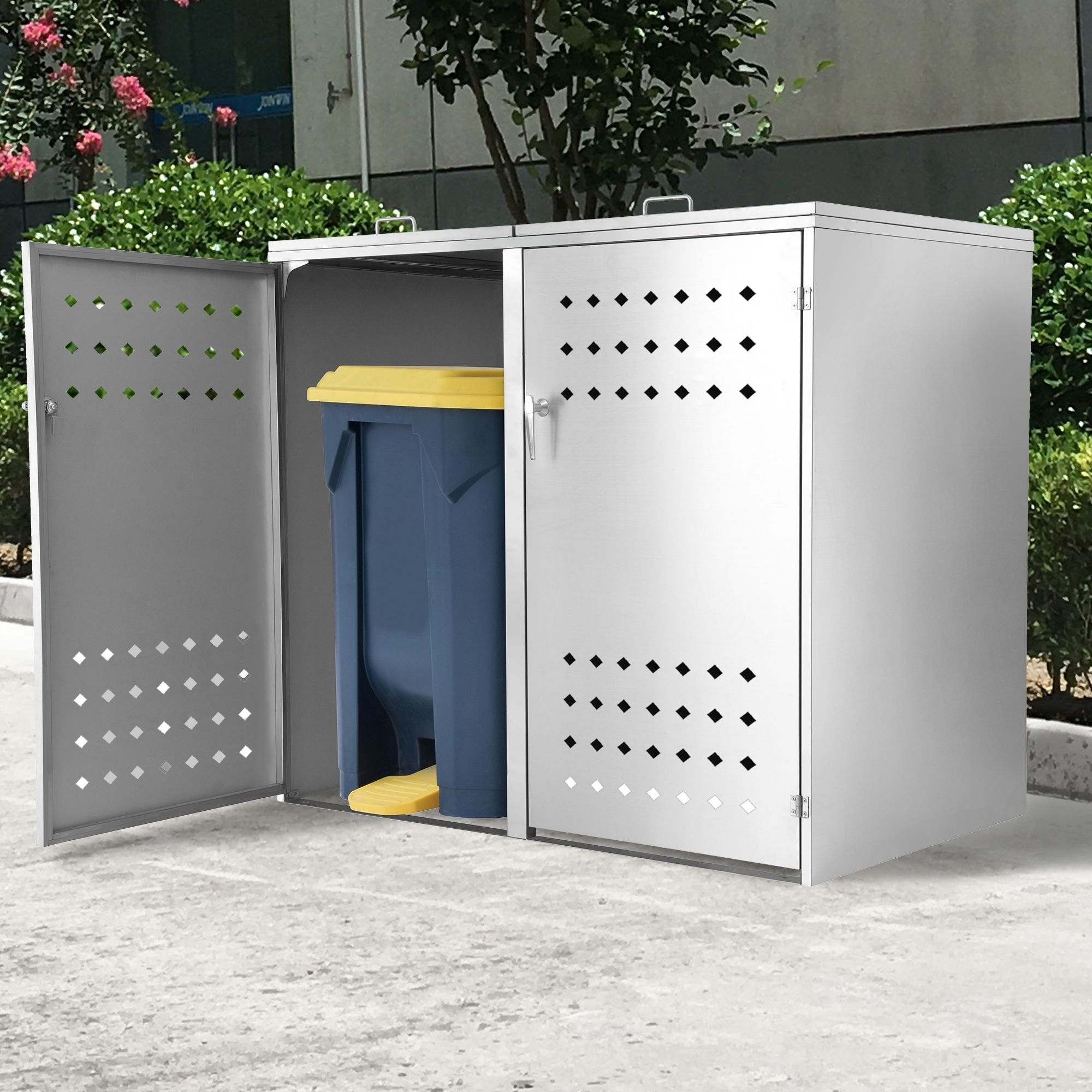 Ensemble de 2 bacs de rangement « Squares », en acier inoxydable, avec couvercles à charnières