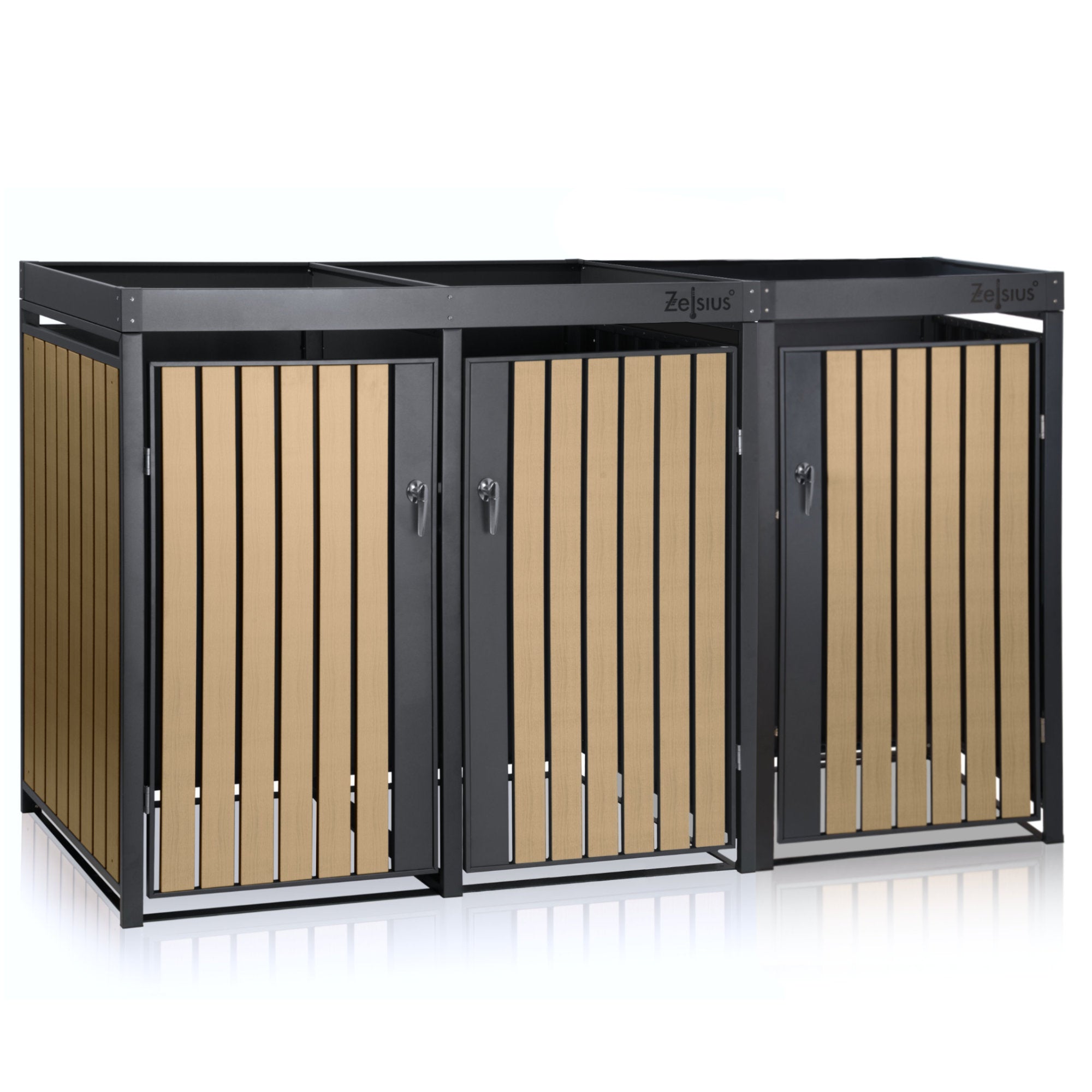 Bin storage unit, set of 3, anthracite RAL 7016, door in wood look (beech), incl. green roof