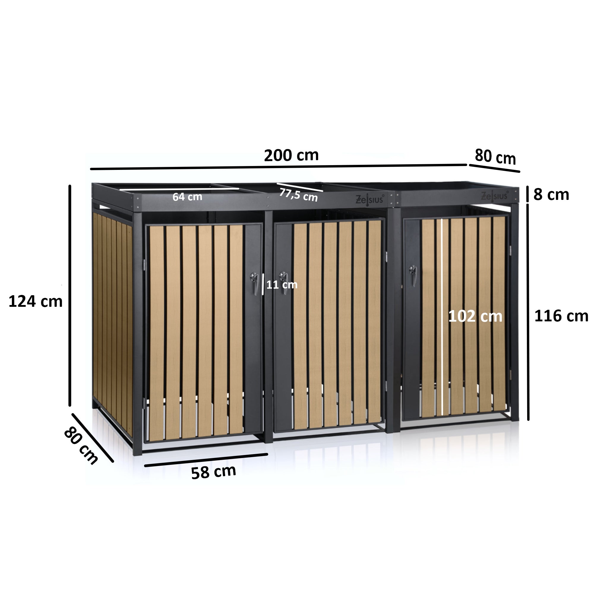 Bin storage unit, set of 3, anthracite RAL 7016, door in wood look (beech), incl. green roof