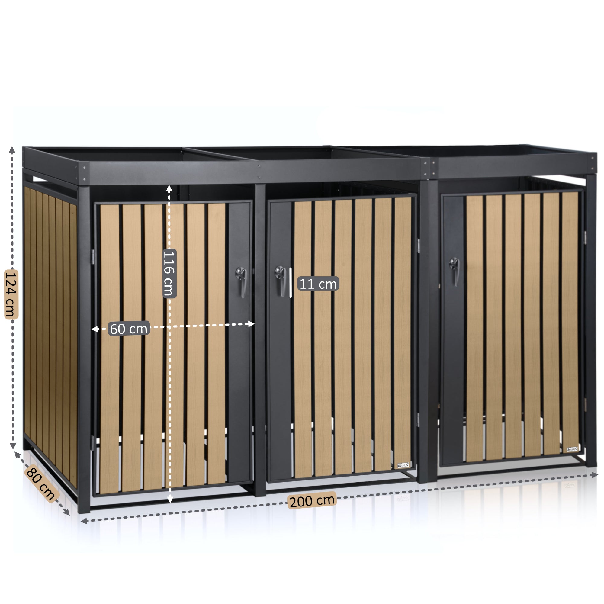 Mülltonnenbox, 3er Set, Anthrazit RAL 7016, Tür in Holzoptik (Buche), inkl. Pflanzdach