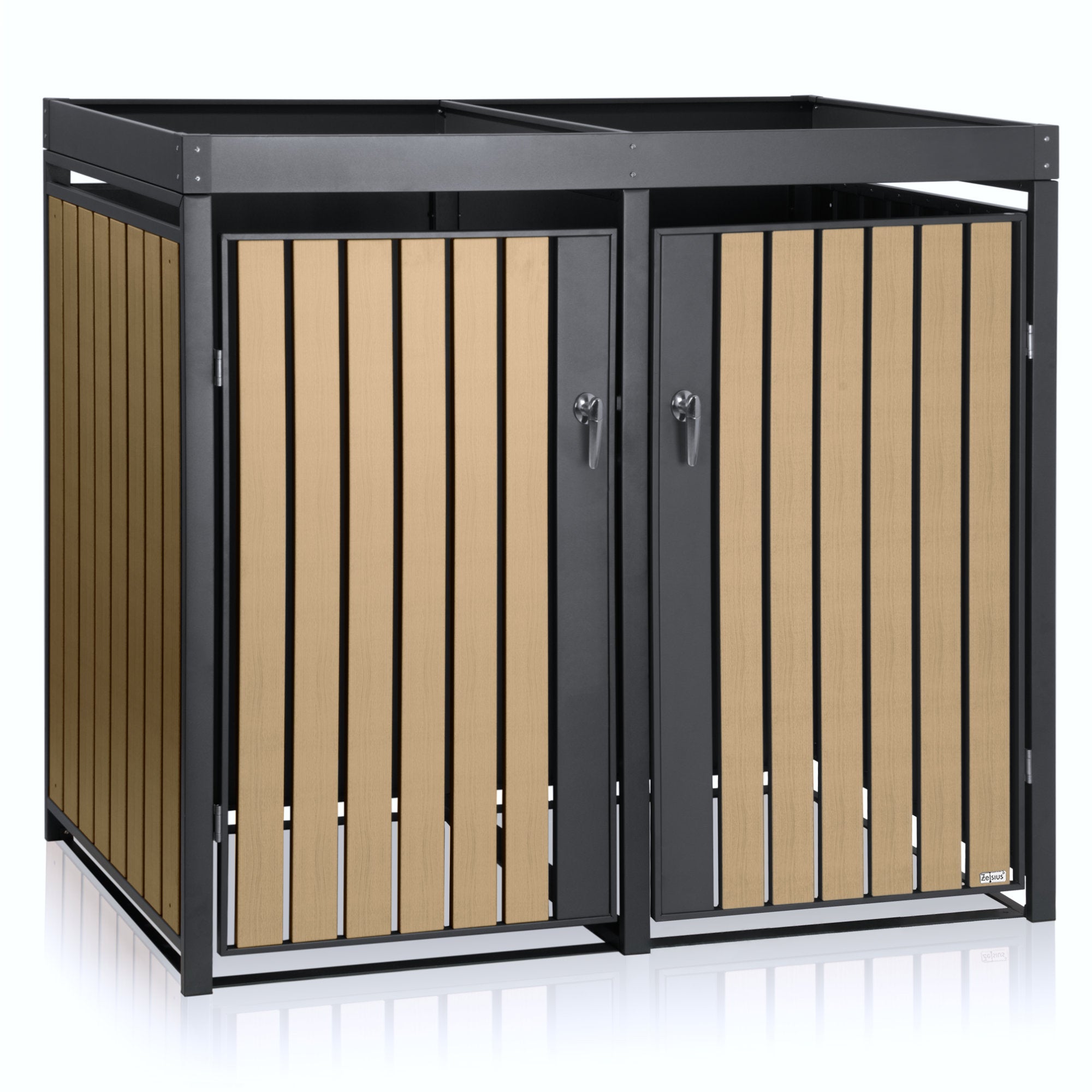 Mülltonnenbox, 2er Set, Anthrazit RAL 7016, Tür in Holzoptik (Buche), inkl. Pflanzdach