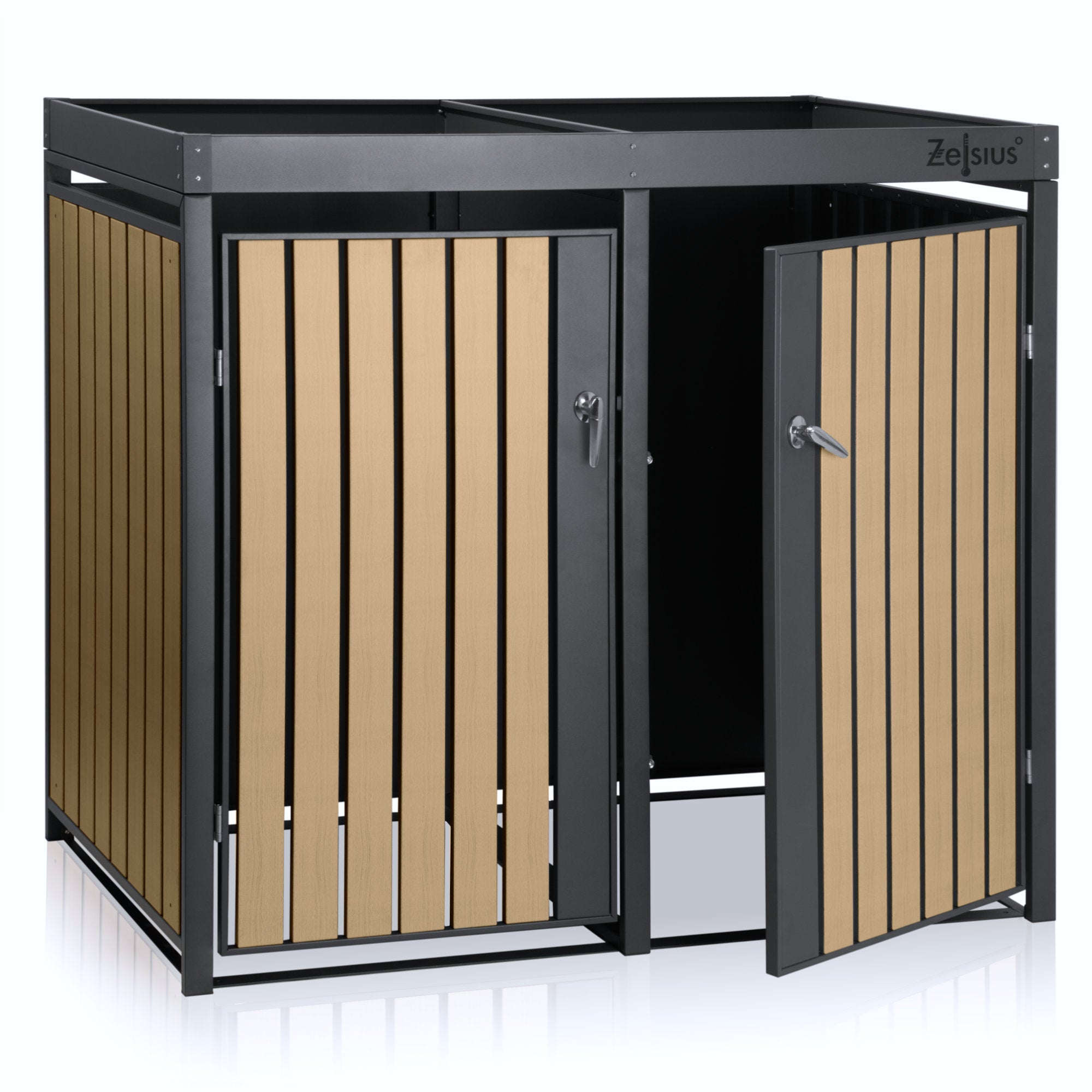 Bin storage unit, set of 4, anthracite RAL 7016, door in wood look (beech), incl. green roof