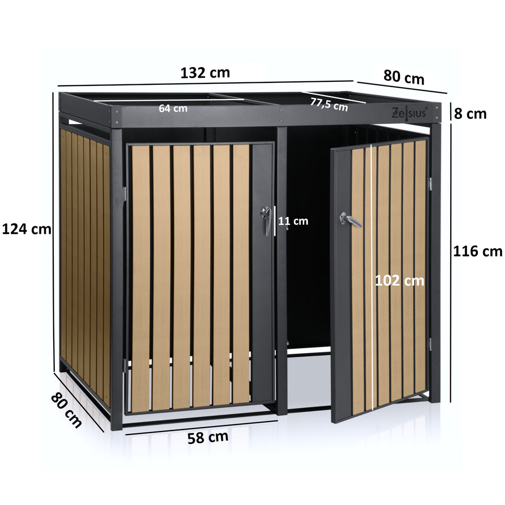 Mülltonnenbox, 2er Set, Anthrazit RAL 7016, Tür in Holzoptik (Buche), inkl. Pflanzdach