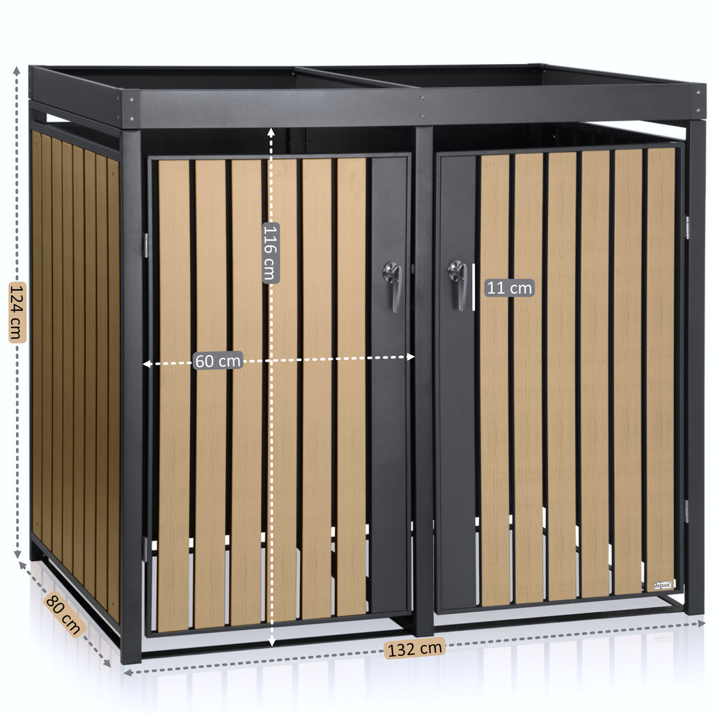 Mülltonnenbox, 2er Set, Anthrazit RAL 7016, Tür in Holzoptik (Buche), inkl. Pflanzdach