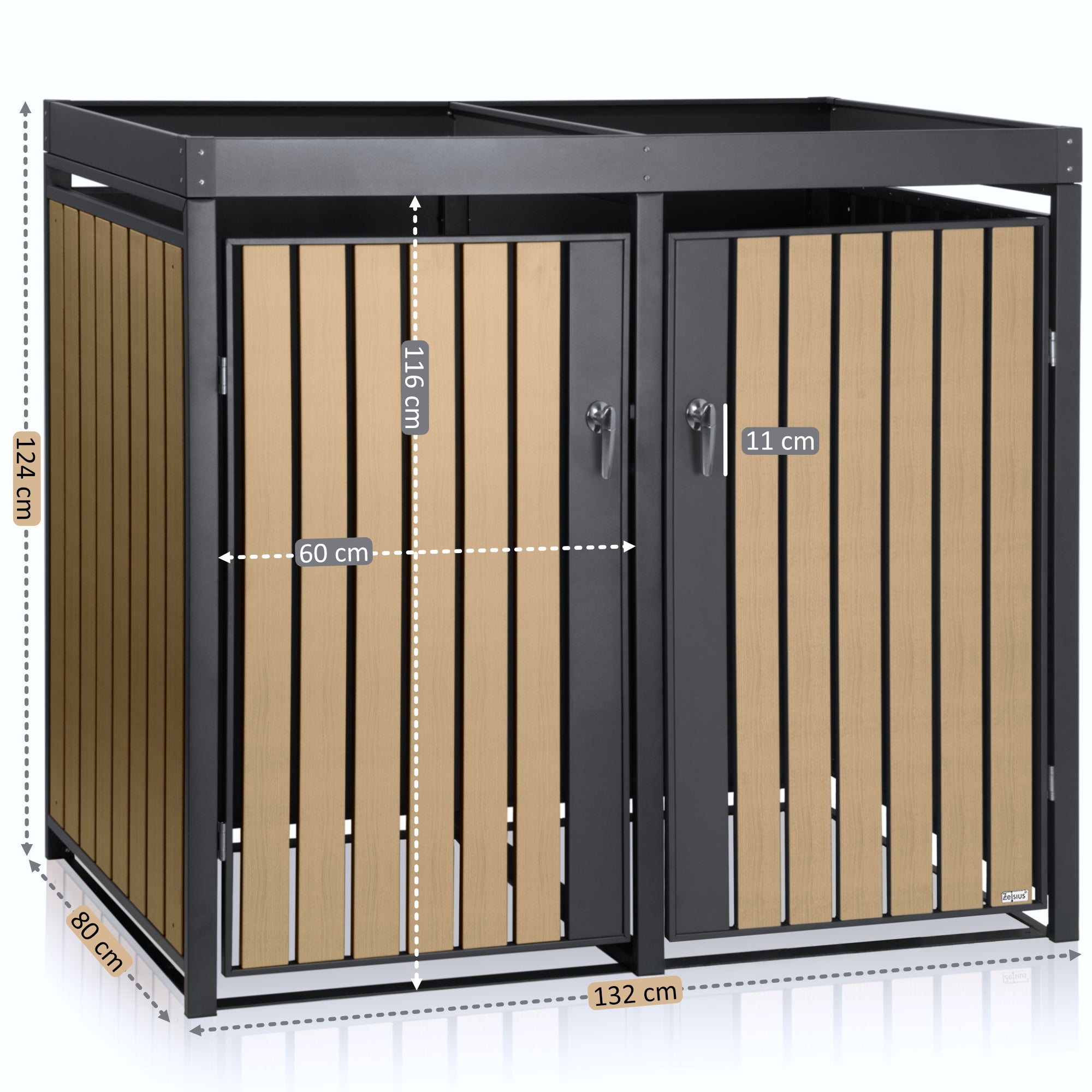 Mülltonnenbox, 2er Set, Anthrazit RAL 7016, Tür in Holzoptik (Buche), inkl. Pflanzdach